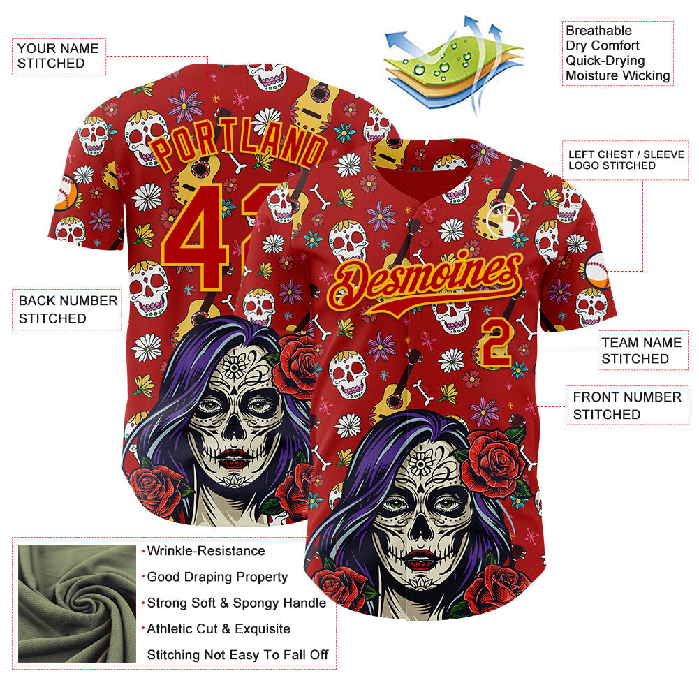 Custom Red Gold Sugar Skull Day of the Dead Mexican Folk Art Authentic Baseball Jersey baseball jersey product view 3