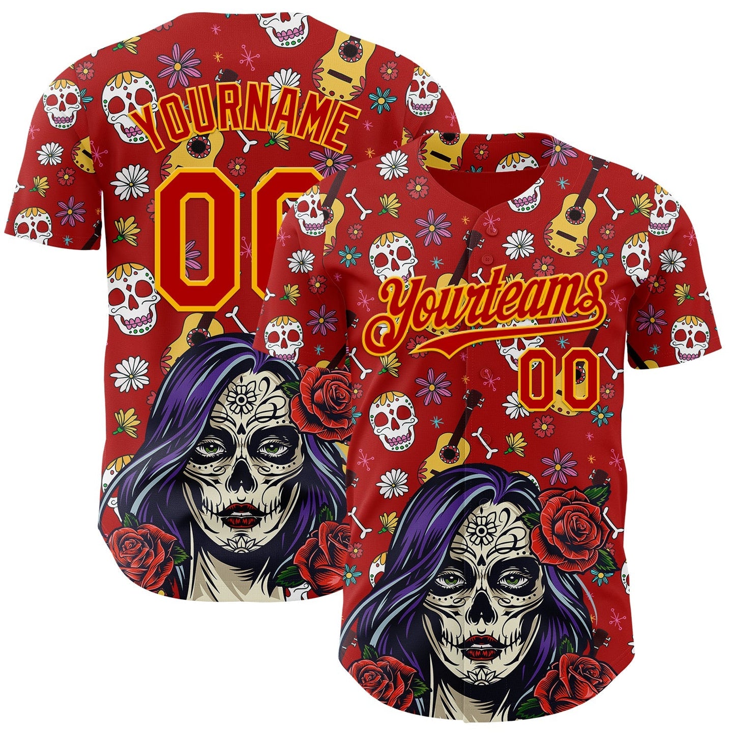 Custom Red Gold Sugar Skull Day of the Dead Mexican Folk Art Authentic Baseball Jersey baseball jersey product view 1