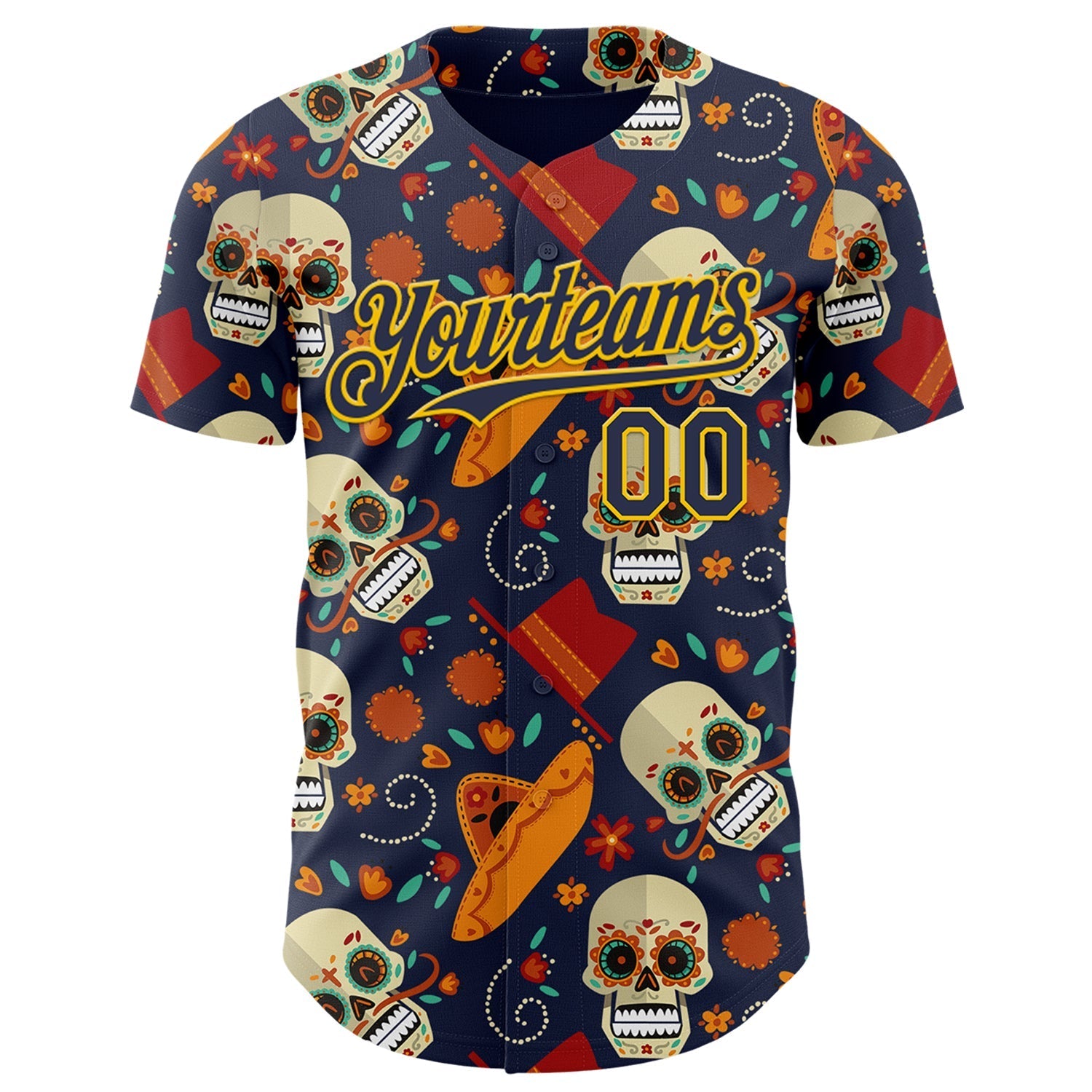 Custom Navy Gold Sugar Skull Day of the Dead Mexican Folk Art Authentic Baseball Jersey baseball jersey product view 2