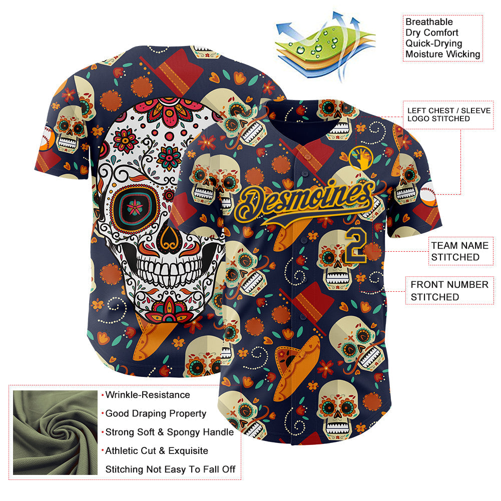 Custom Navy Gold Sugar Skull Day of the Dead Mexican Folk Art Authentic Baseball Jersey baseball jersey product view 3