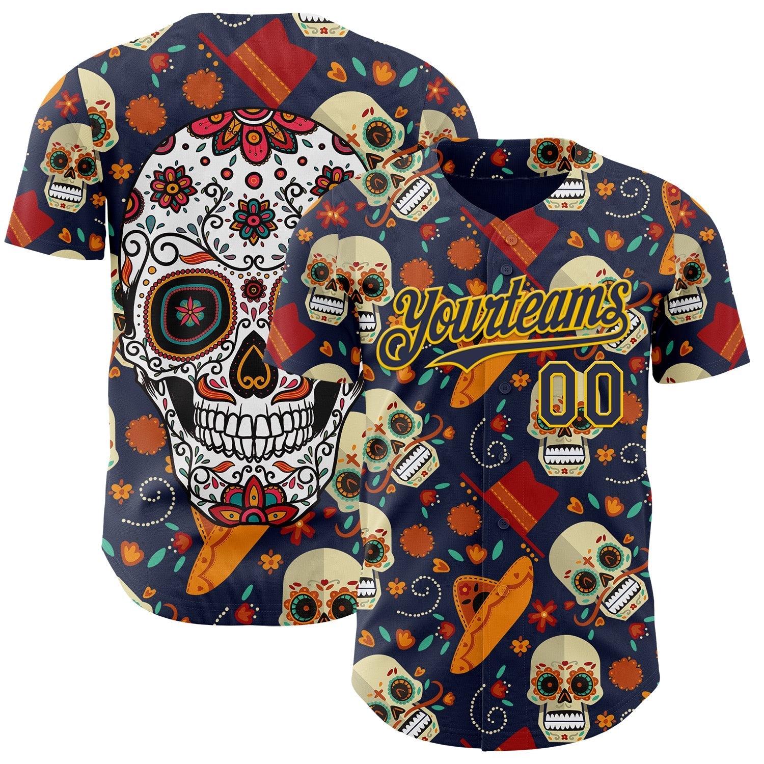 Custom Navy Gold Sugar Skull Day of the Dead Mexican Folk Art Authentic Baseball Jersey baseball jersey product view 1