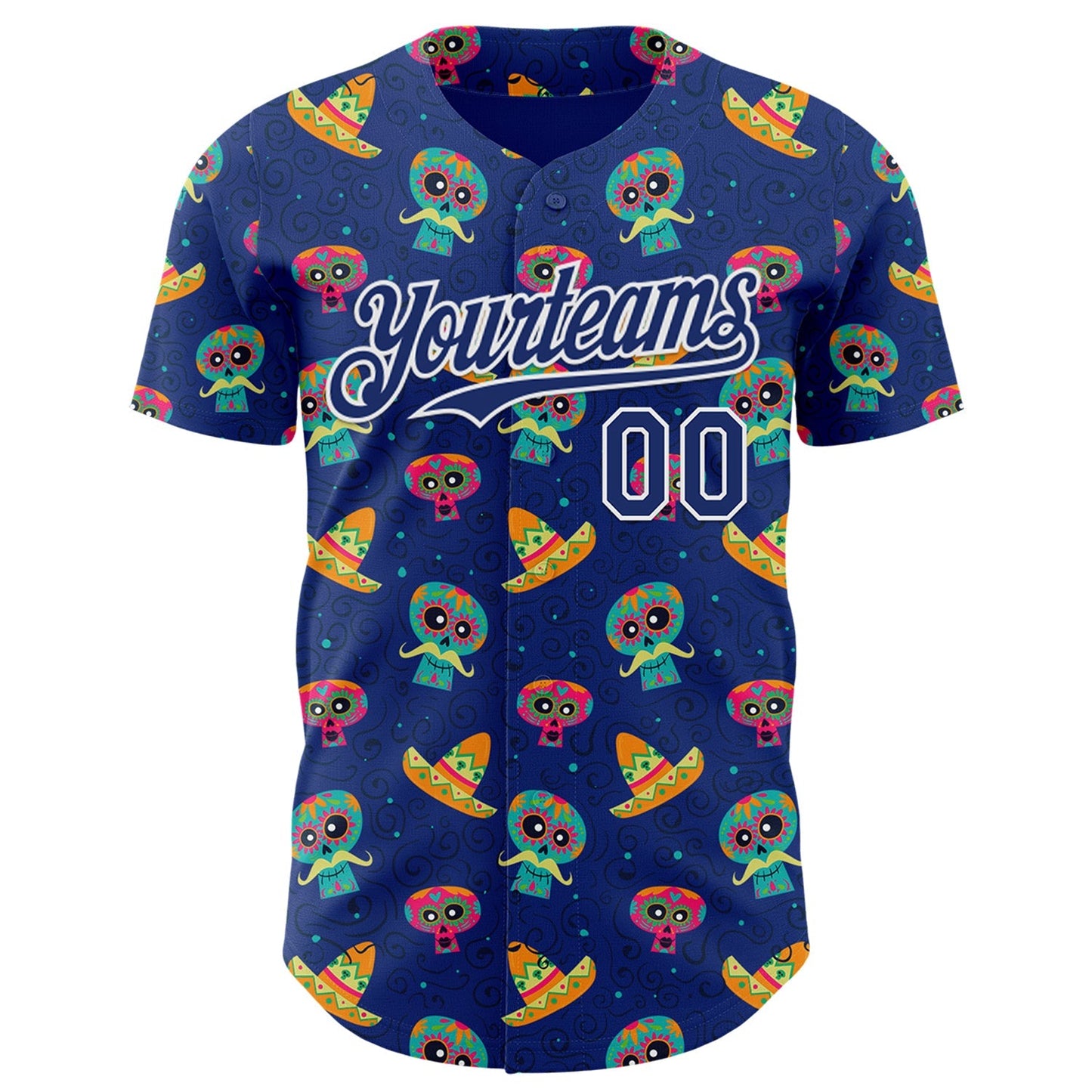 Custom Royal White Sugar Skull Day of the Dead Mexican Folk Art Authentic Baseball Jersey baseball jersey product view 2