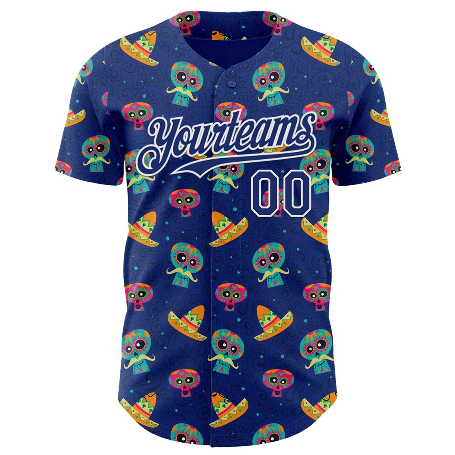 Custom Royal White Sugar Skull Day of the Dead Mexican Folk Art Authentic Baseball Jersey baseball jersey product view 2