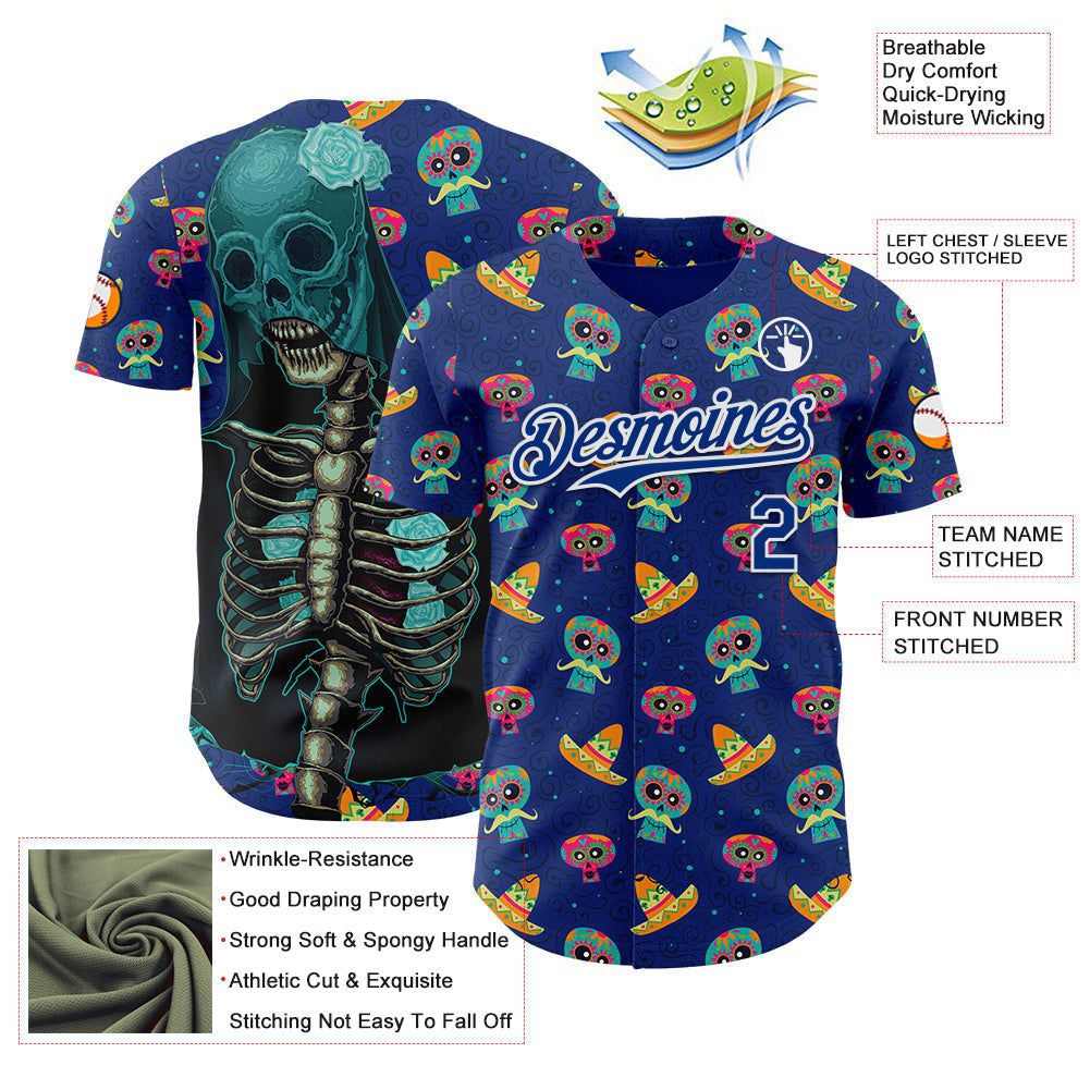 Custom Royal White Sugar Skull Day of the Dead Mexican Folk Art Authentic Baseball Jersey baseball jersey product view 3