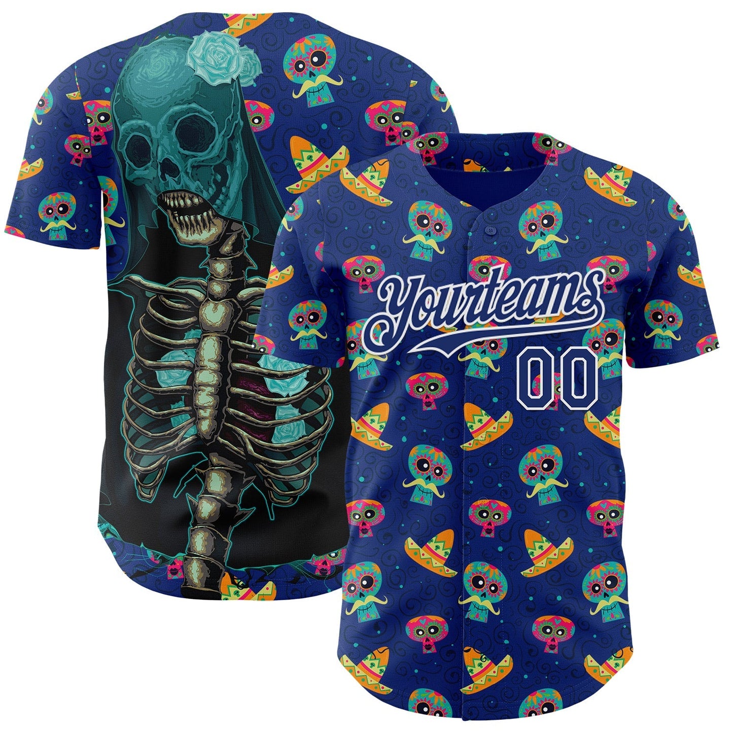 Custom Royal White Sugar Skull Day of the Dead Mexican Folk Art Authentic Baseball Jersey baseball jersey product view 1