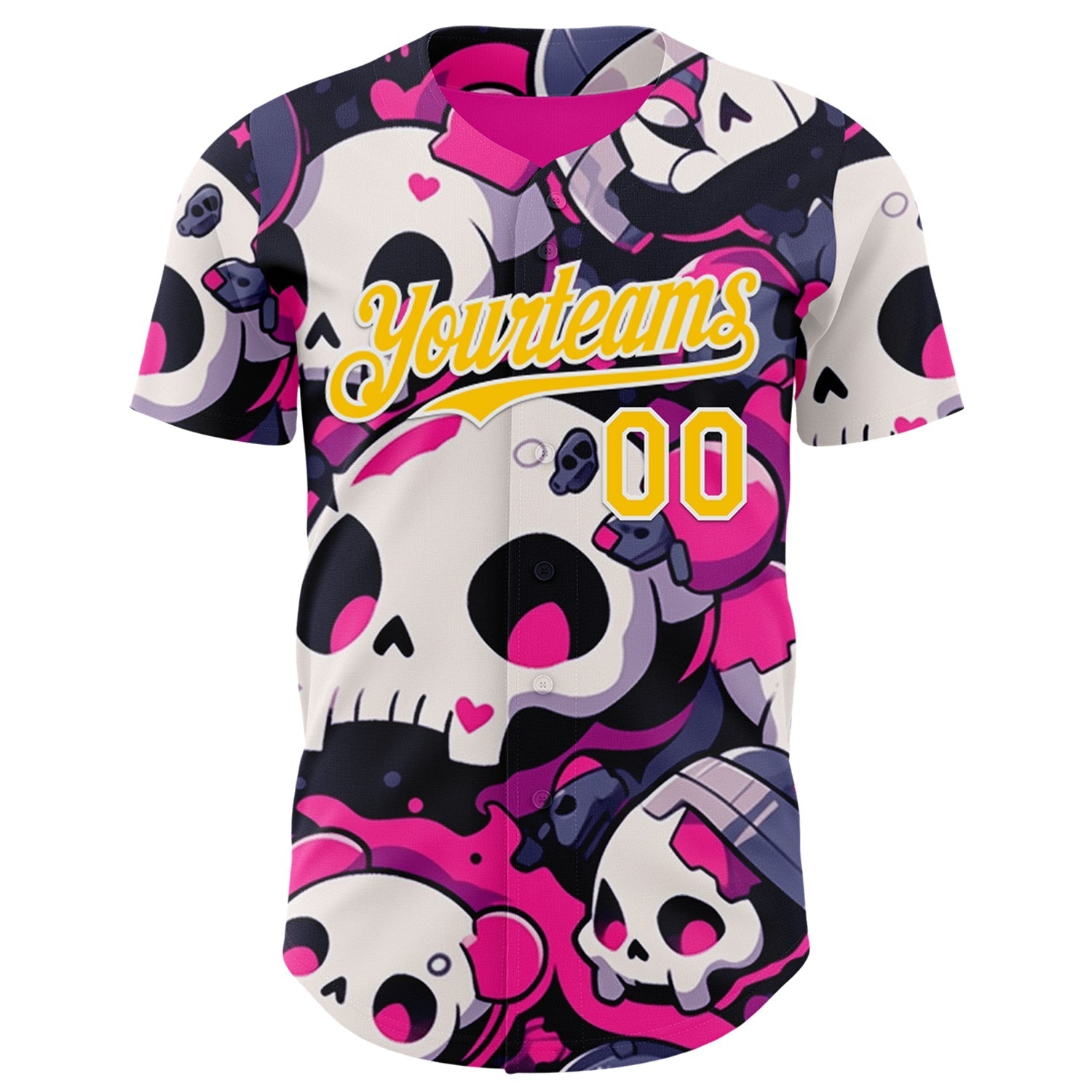 Custom Black Yellow Hot Pink-White Sugar Skull Day of the Dead Mexican Folk Art Authentic Baseball Jersey baseball jersey product view 2