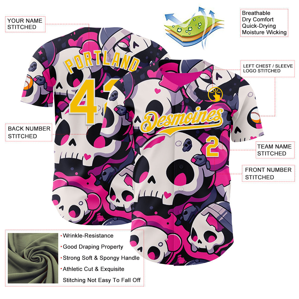 Custom Black Yellow Hot Pink-White Sugar Skull Day of the Dead Mexican Folk Art Authentic Baseball Jersey baseball jersey product view 3