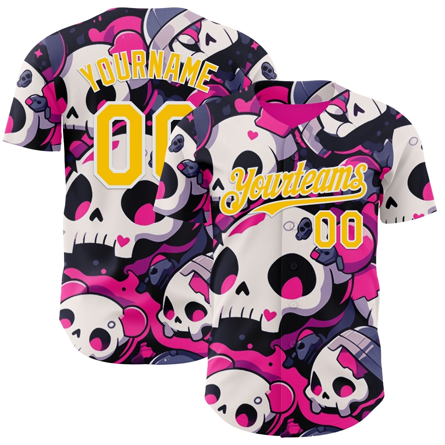 Custom Black Yellow Hot Pink-White Sugar Skull Day of the Dead Mexican Folk Art Authentic Baseball Jersey baseball jersey product view 1