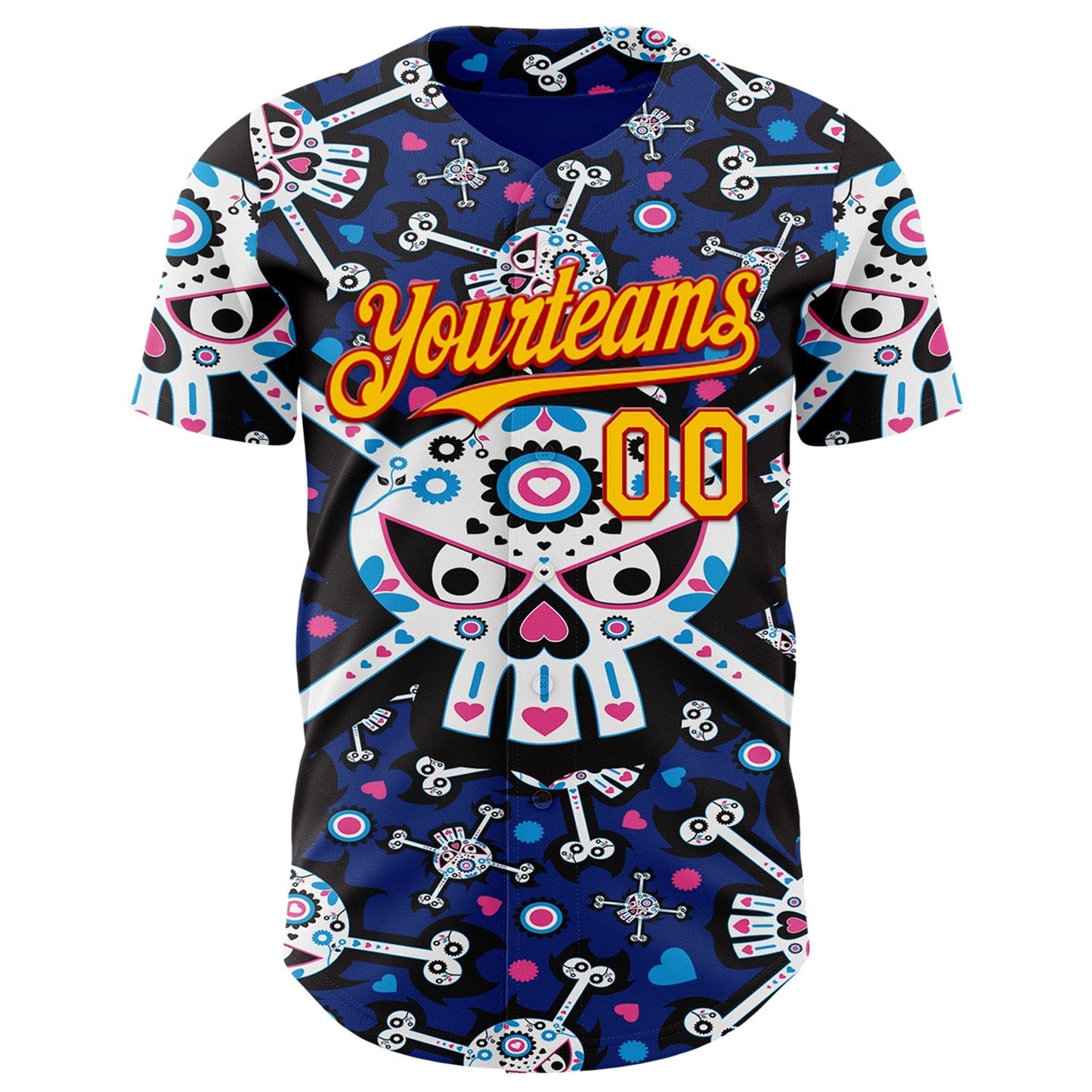 Custom Royal Gold-Red Sugar Skull Day of the Dead Mexican Folk Art Authentic Baseball Jersey baseball jersey product view 2