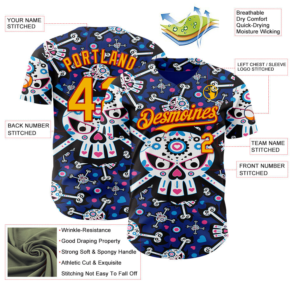 Custom Royal Gold-Red Sugar Skull Day of the Dead Mexican Folk Art Authentic Baseball Jersey baseball jersey product view 3