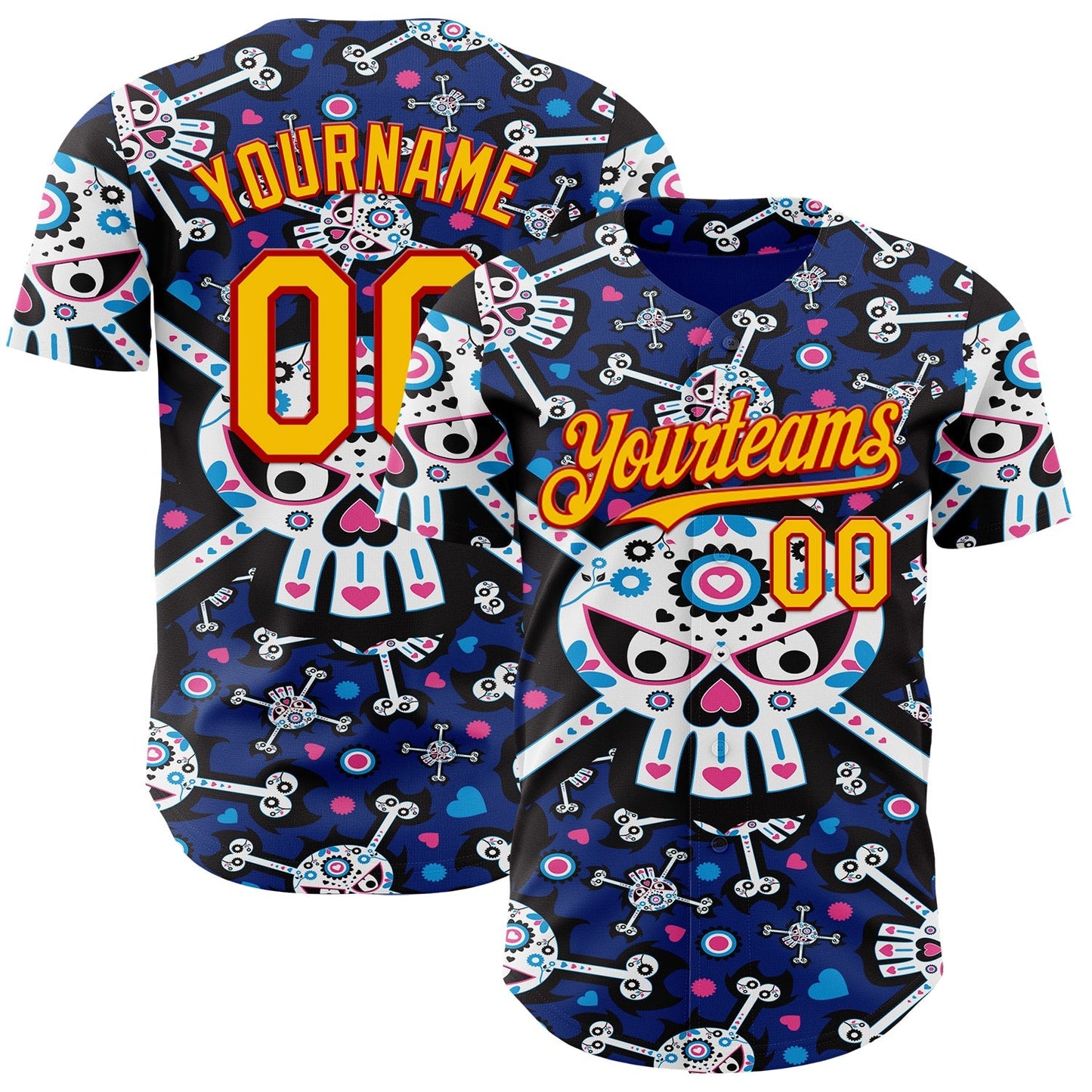Custom Royal Gold-Red Sugar Skull Day of the Dead Mexican Folk Art Authentic Baseball Jersey baseball jersey product view 1