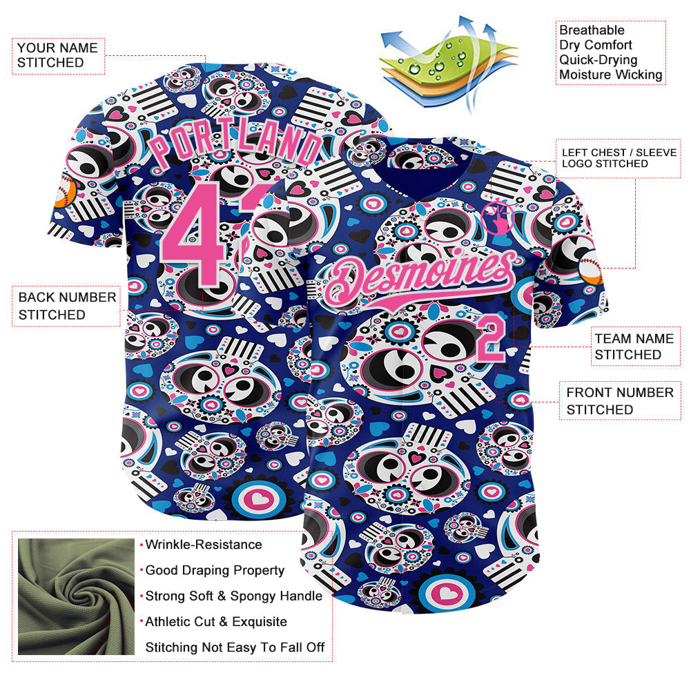 Custom Royal Pink-White Sugar Skull Day of the Dead Mexican Folk Art Authentic Baseball Jersey baseball jersey product view 3