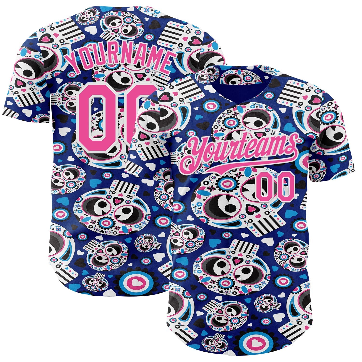 Custom Royal Pink-White Sugar Skull Day of the Dead Mexican Folk Art Authentic Baseball Jersey baseball jersey product view 1