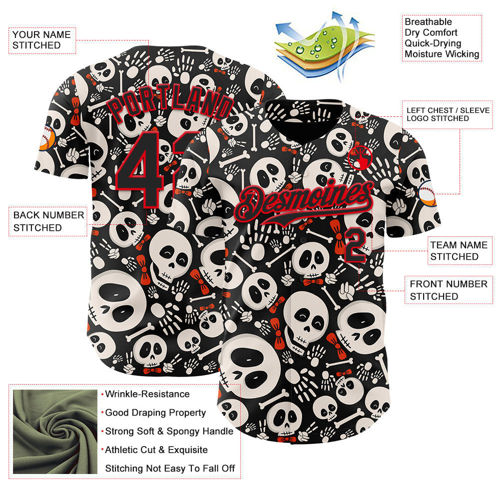 Custom Black Fire Red Sugar Skull Day of the Dead Mexican Folk Art Authentic Baseball Jersey baseball jersey product view 3