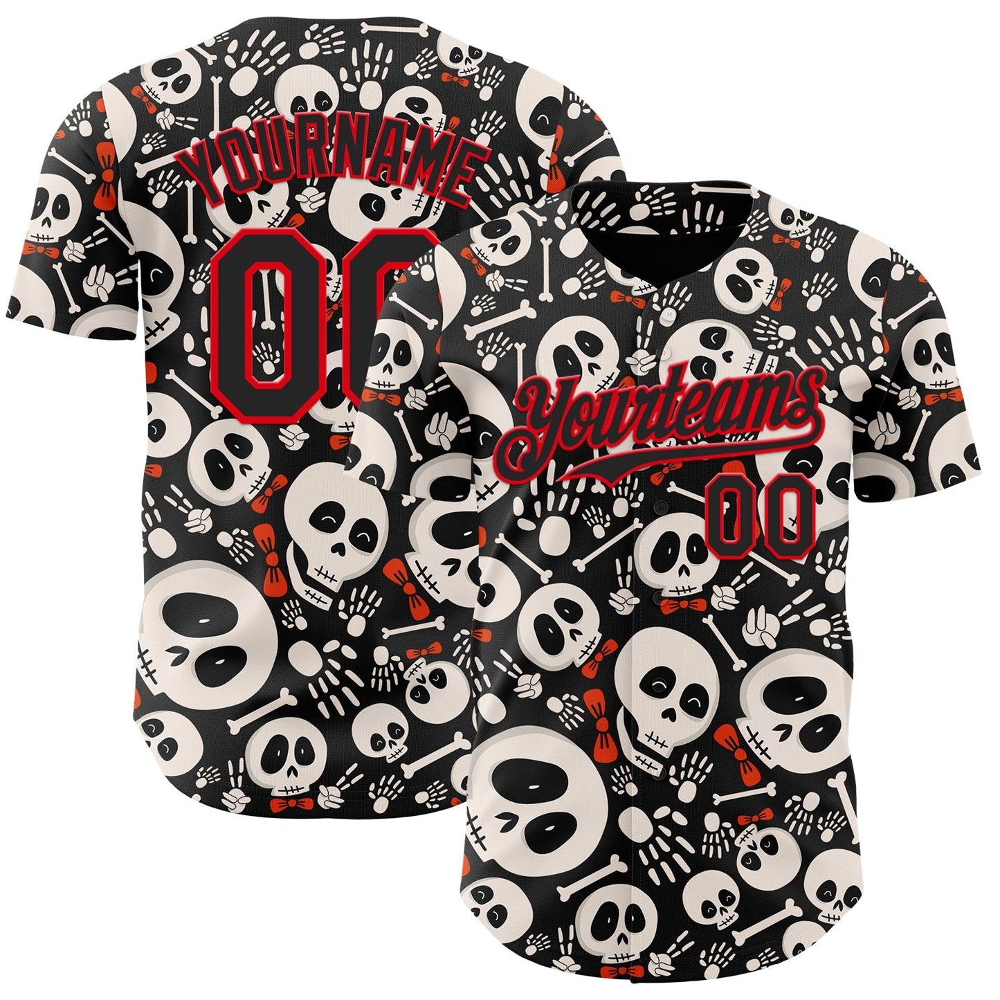 Custom Black Fire Red Sugar Skull Day of the Dead Mexican Folk Art Authentic Baseball Jersey baseball jersey product view 1
