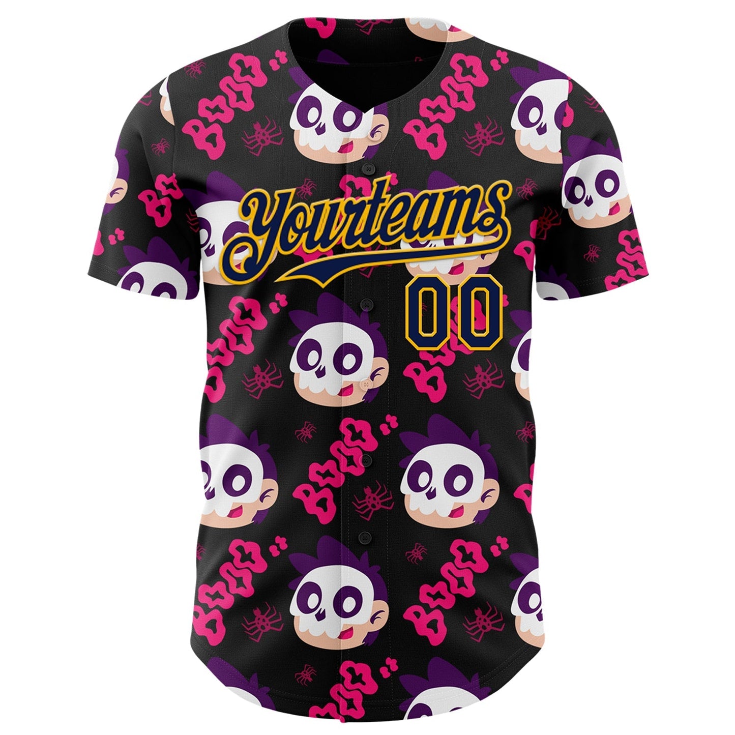 Custom Black Navy Hot Pink-Gold Sugar Skull Day of the Dead Mexican Folk Art Authentic Baseball Jersey baseball jersey product view 2