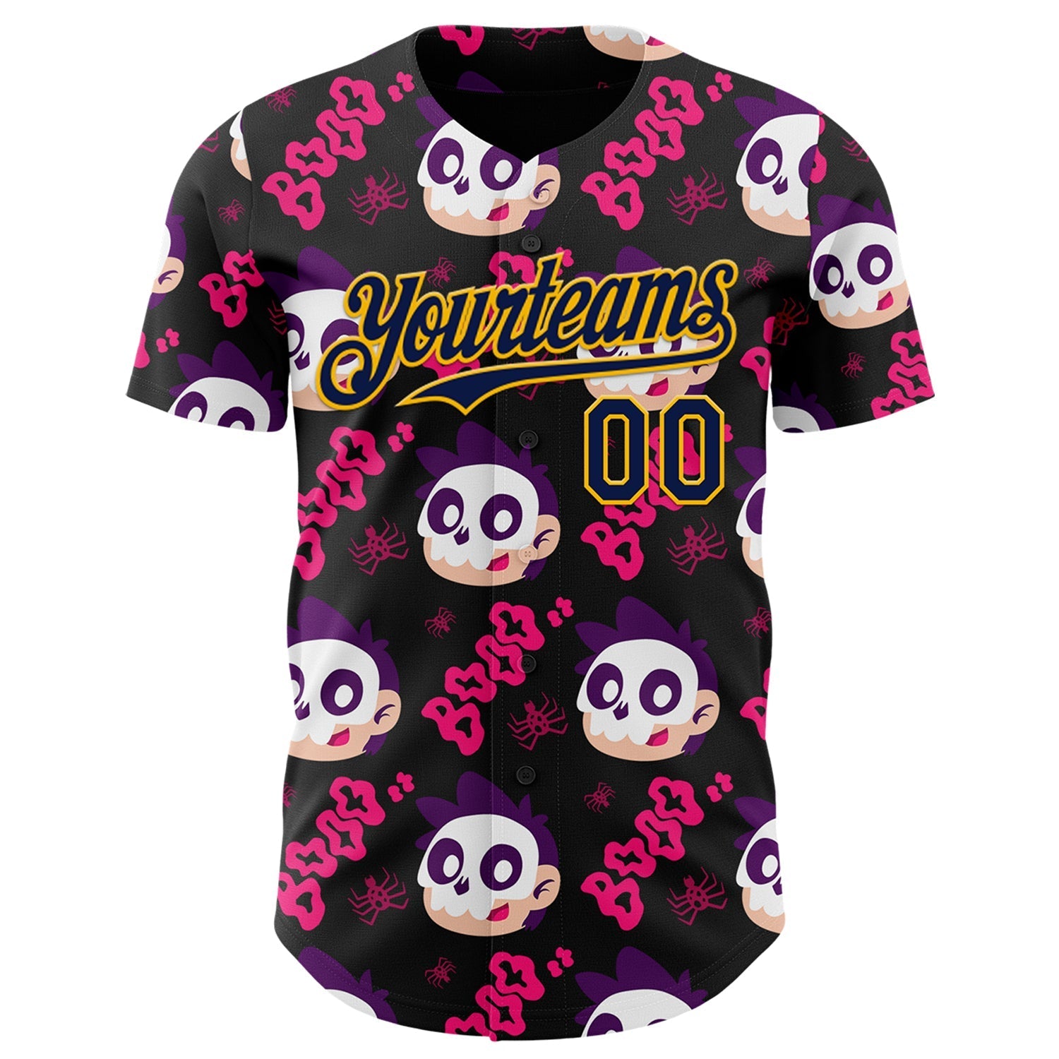 Custom Black Navy Hot Pink-Gold Sugar Skull Day of the Dead Mexican Folk Art Authentic Baseball Jersey baseball jersey product view 2