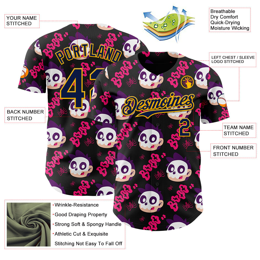 Custom Black Navy Hot Pink-Gold Sugar Skull Day of the Dead Mexican Folk Art Authentic Baseball Jersey baseball jersey product view 3