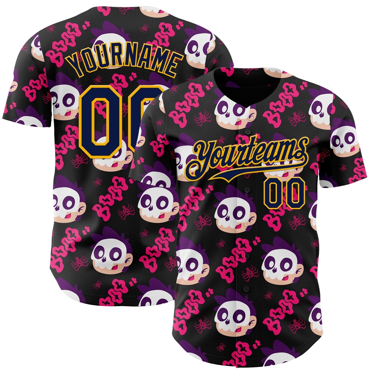 Custom Black Navy Hot Pink-Gold Sugar Skull Day of the Dead Mexican Folk Art Authentic Baseball Jersey baseball jersey product view 1