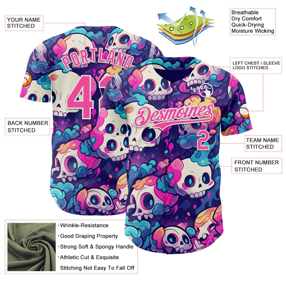 Custom Purple Pink-White Sugar Skull Day of the Dead Mexican Folk Art Authentic Baseball Jersey baseball jersey product view 3