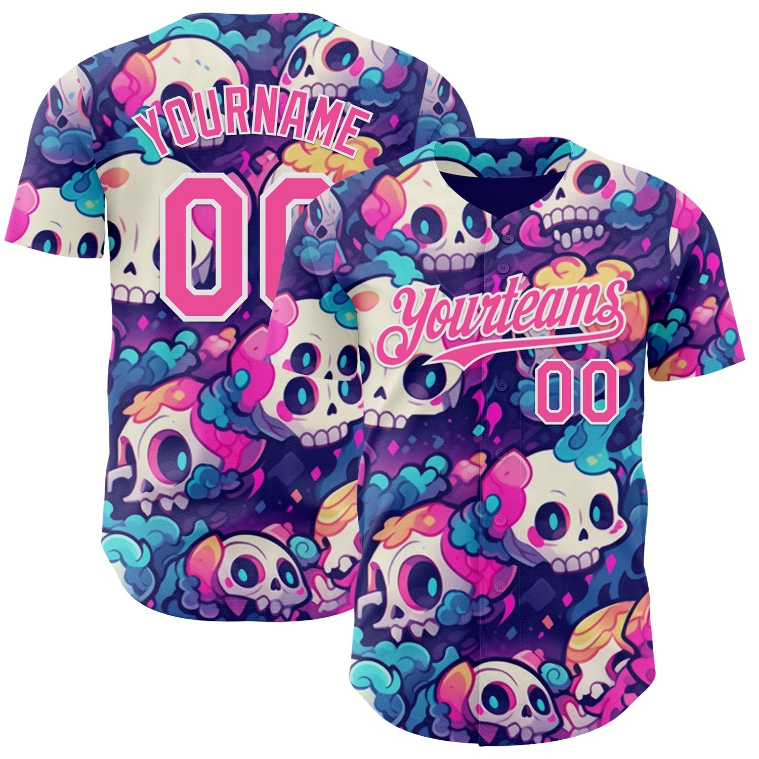 Custom Purple Pink-White Sugar Skull Day of the Dead Mexican Folk Art Authentic Baseball Jersey baseball jersey product view 1