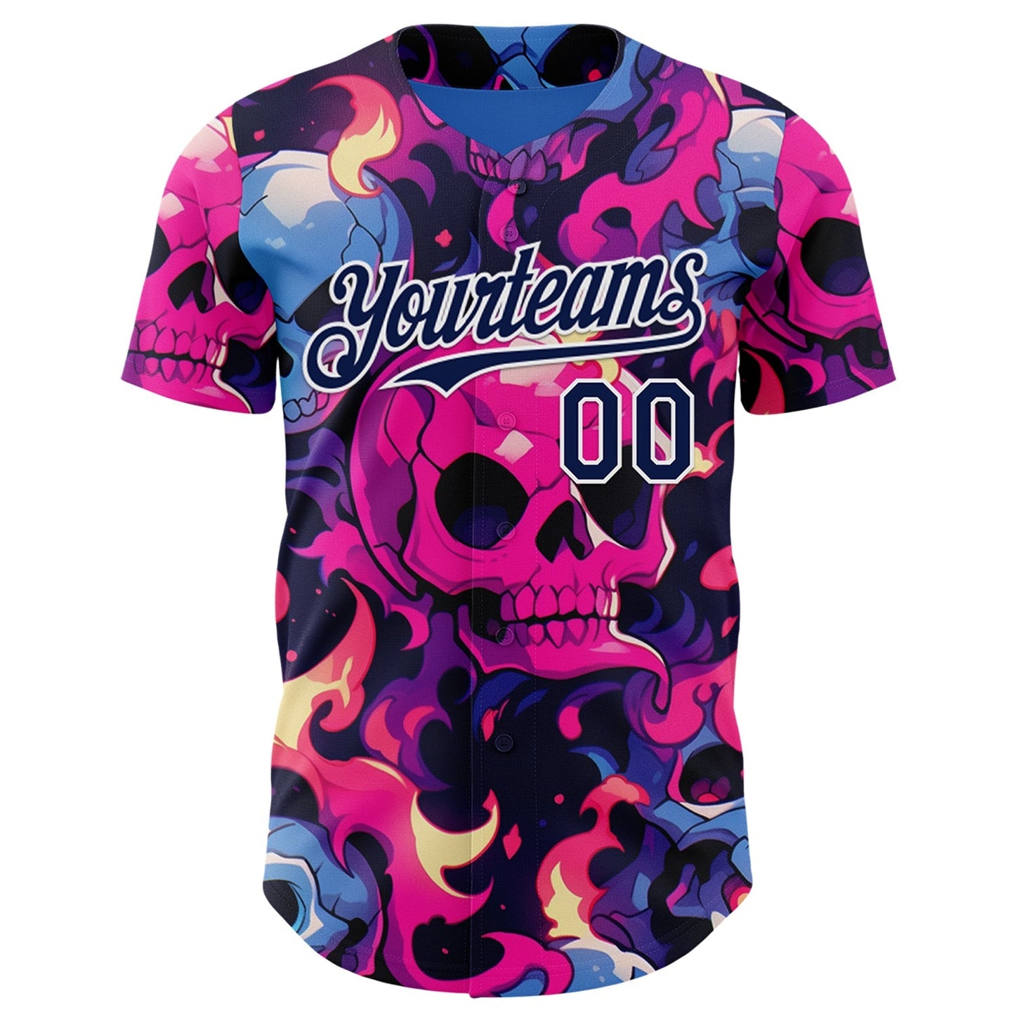 Custom Black Navy Hot Pink Blue-White Sugar Skull Day of the Dead Mexican Folk Art Authentic Baseball Jersey baseball jersey product view 2