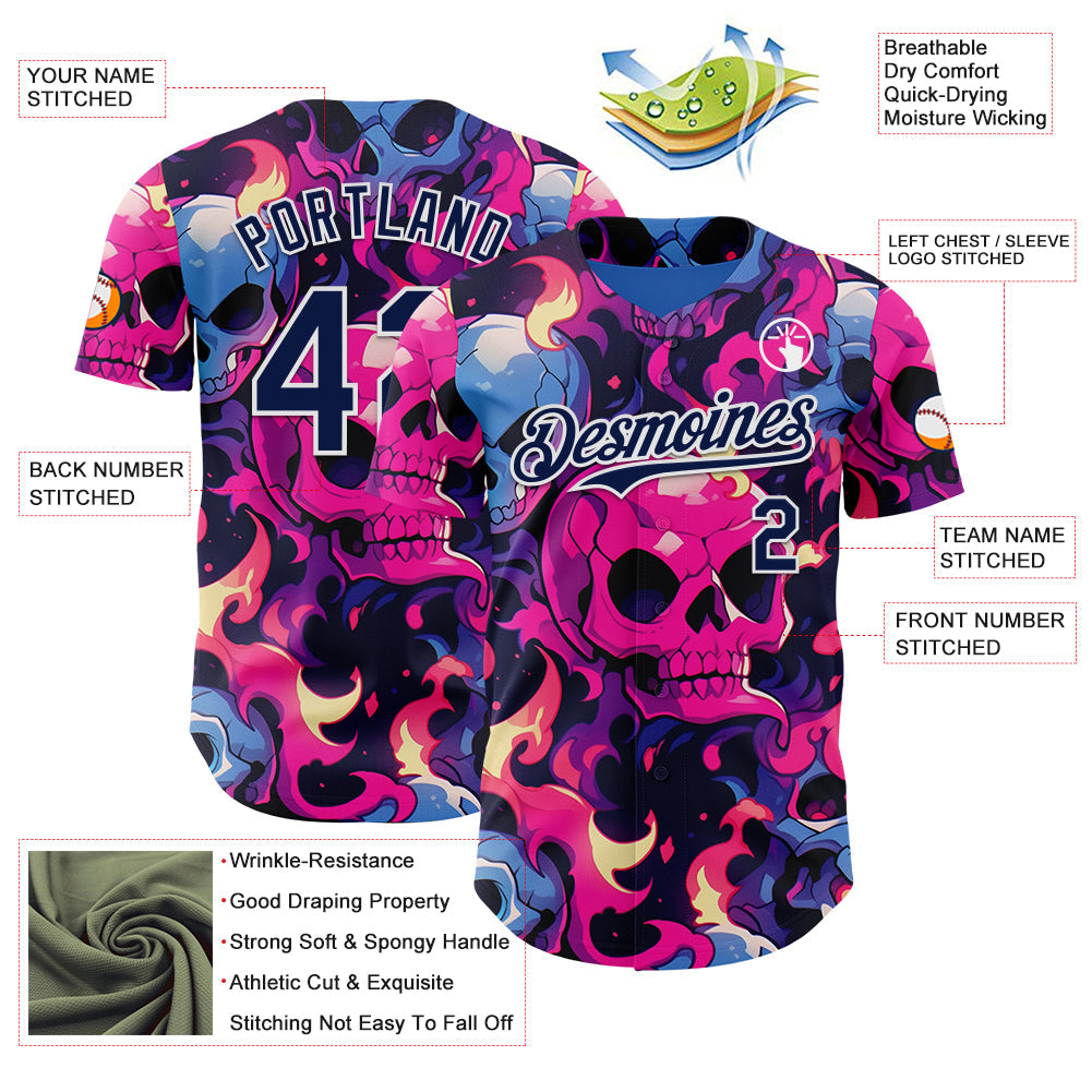 Custom Black Navy Hot Pink Blue-White Sugar Skull Day of the Dead Mexican Folk Art Authentic Baseball Jersey baseball jersey product view 3