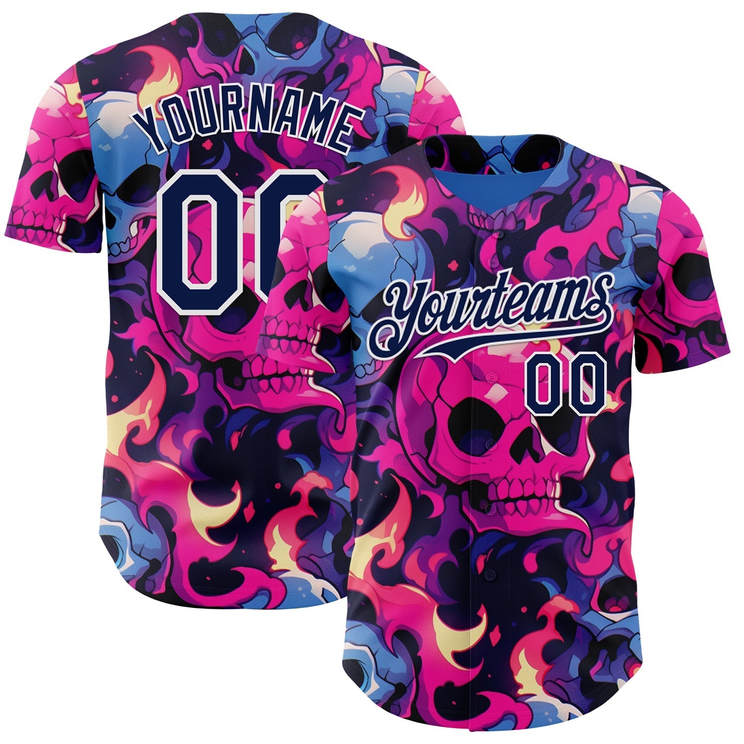 Custom Black Navy Hot Pink Blue-White Sugar Skull Day of the Dead Mexican Folk Art Authentic Baseball Jersey baseball jersey product view 1