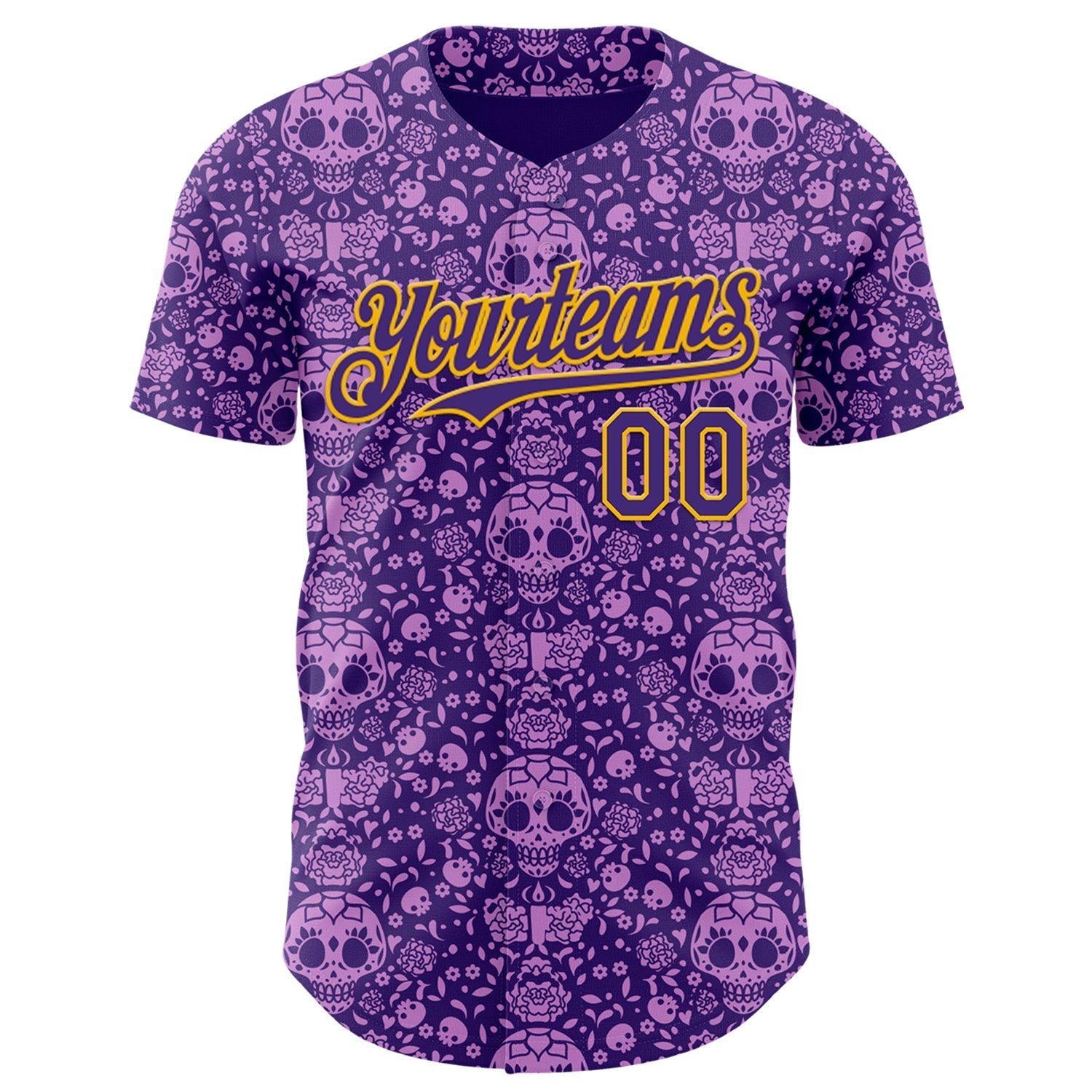 Custom Purple Gold Sugar Skull Day of the Dead Mexican Folk Art Authentic Baseball Jersey baseball jersey product view 2