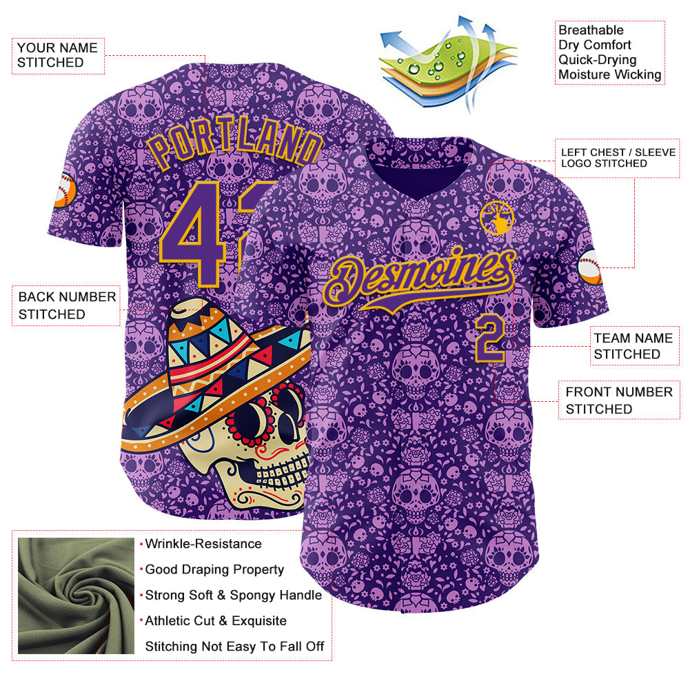Custom Purple Gold Sugar Skull Day of the Dead Mexican Folk Art Authentic Baseball Jersey baseball jersey product view 3