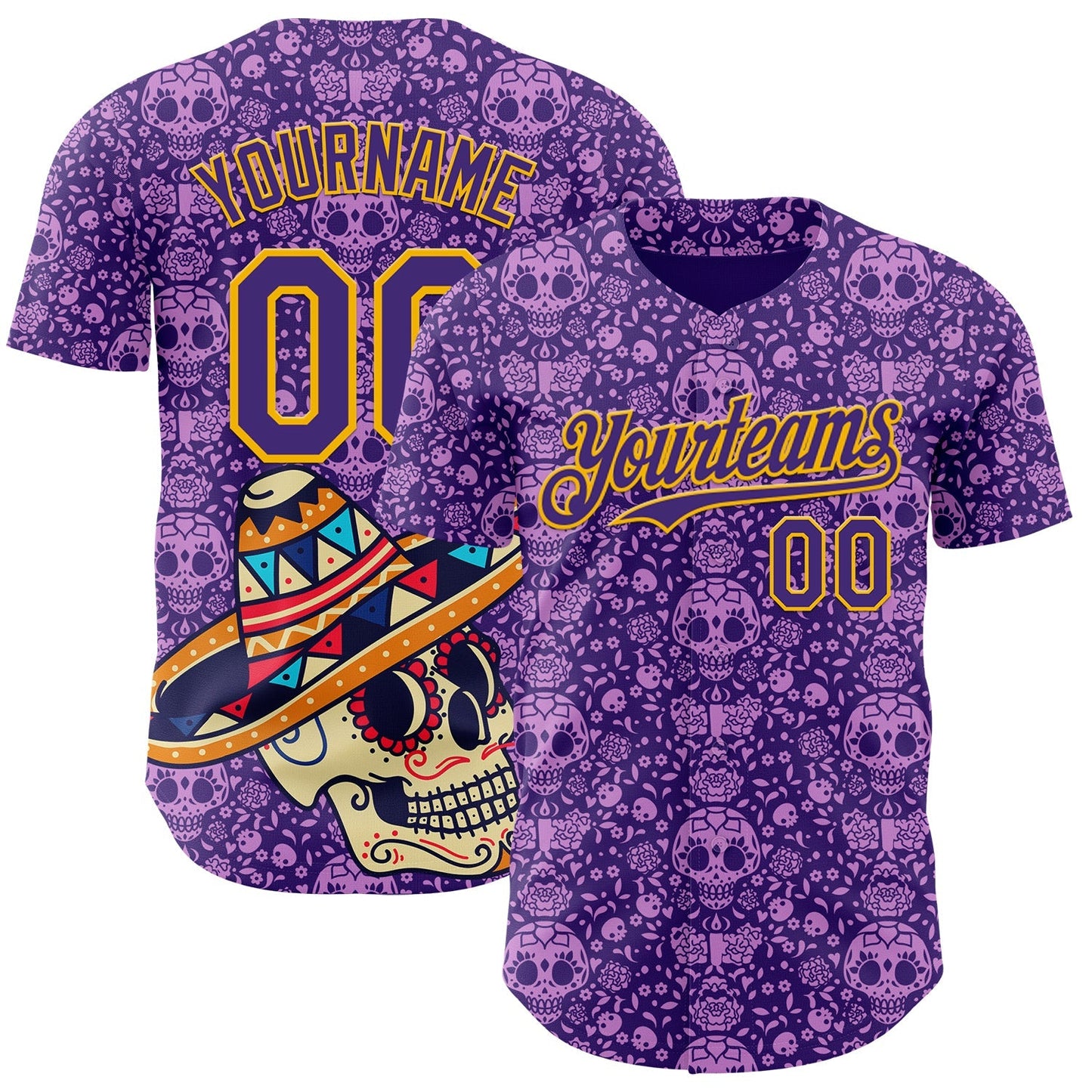 Custom Purple Gold Sugar Skull Day of the Dead Mexican Folk Art Authentic Baseball Jersey baseball jersey product view 1