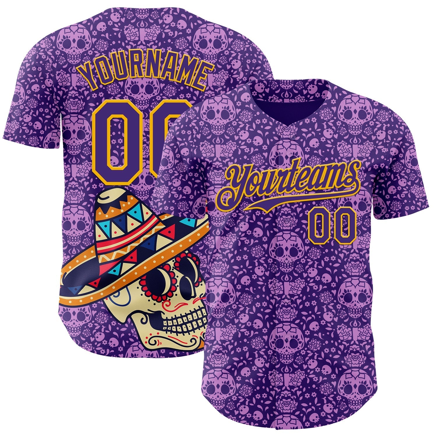 Custom Purple Gold Sugar Skull Day of the Dead Mexican Folk Art Authentic Baseball Jersey baseball jersey product view 1