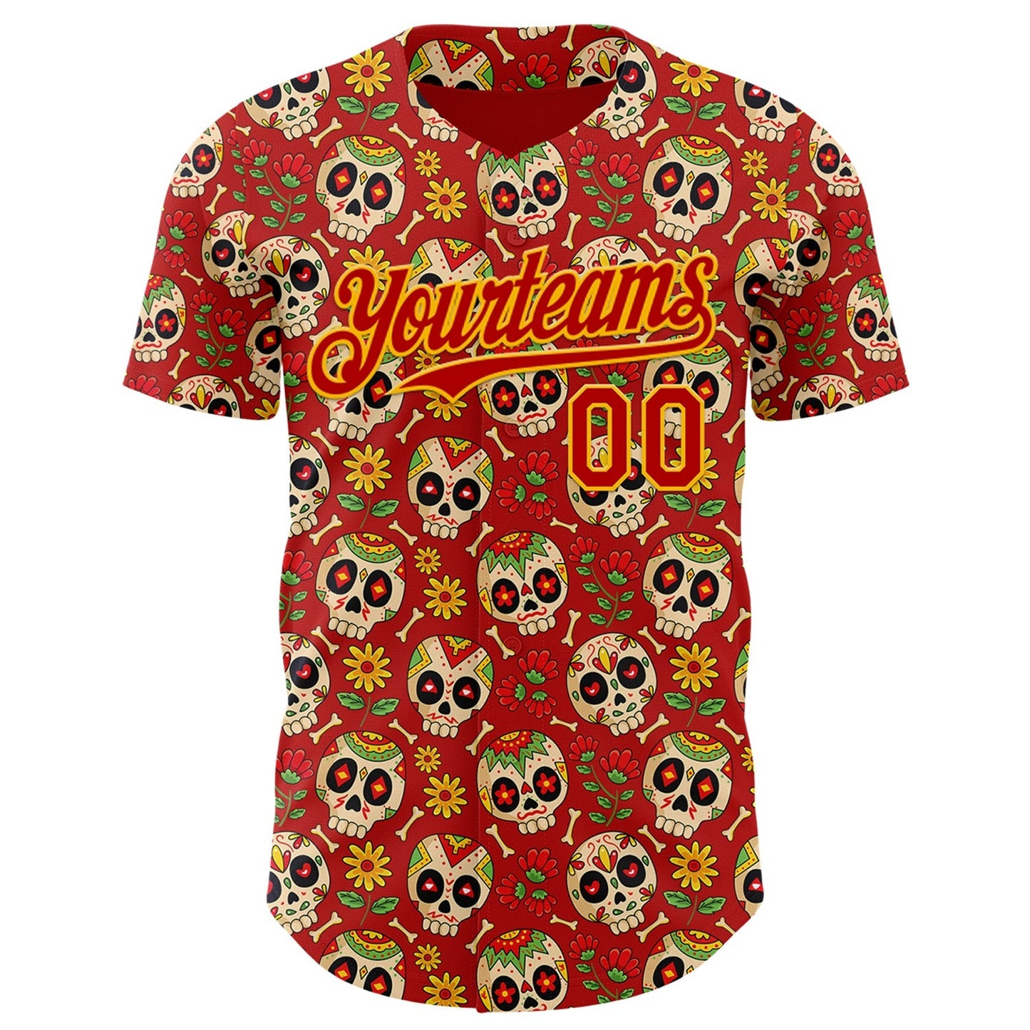 Custom Red Yellow Sugar Skull Day of the Dead Mexican Folk Art Authentic Baseball Jersey baseball jersey product view 2