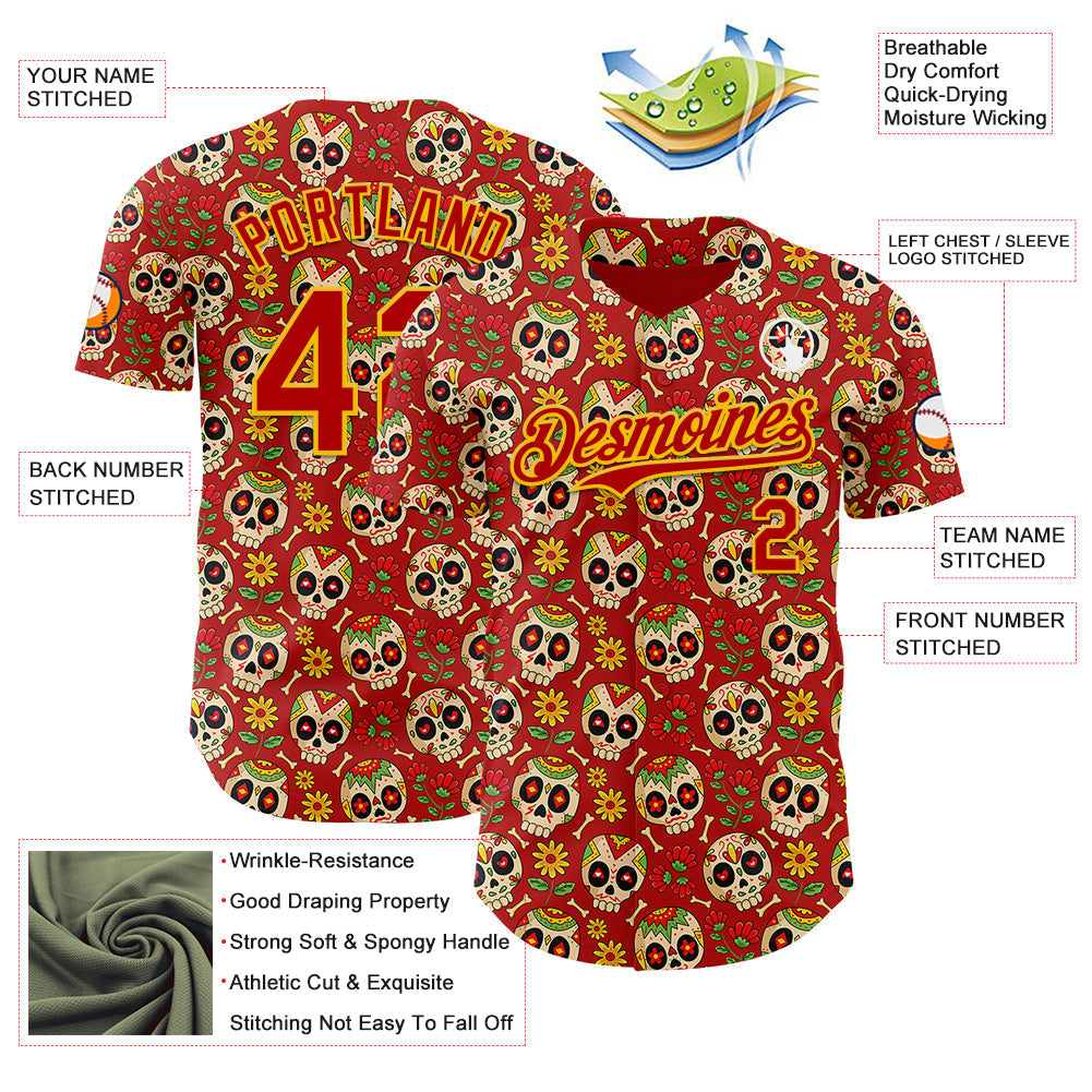 Custom Red Yellow Sugar Skull Day of the Dead Mexican Folk Art Authentic Baseball Jersey baseball jersey product view 3
