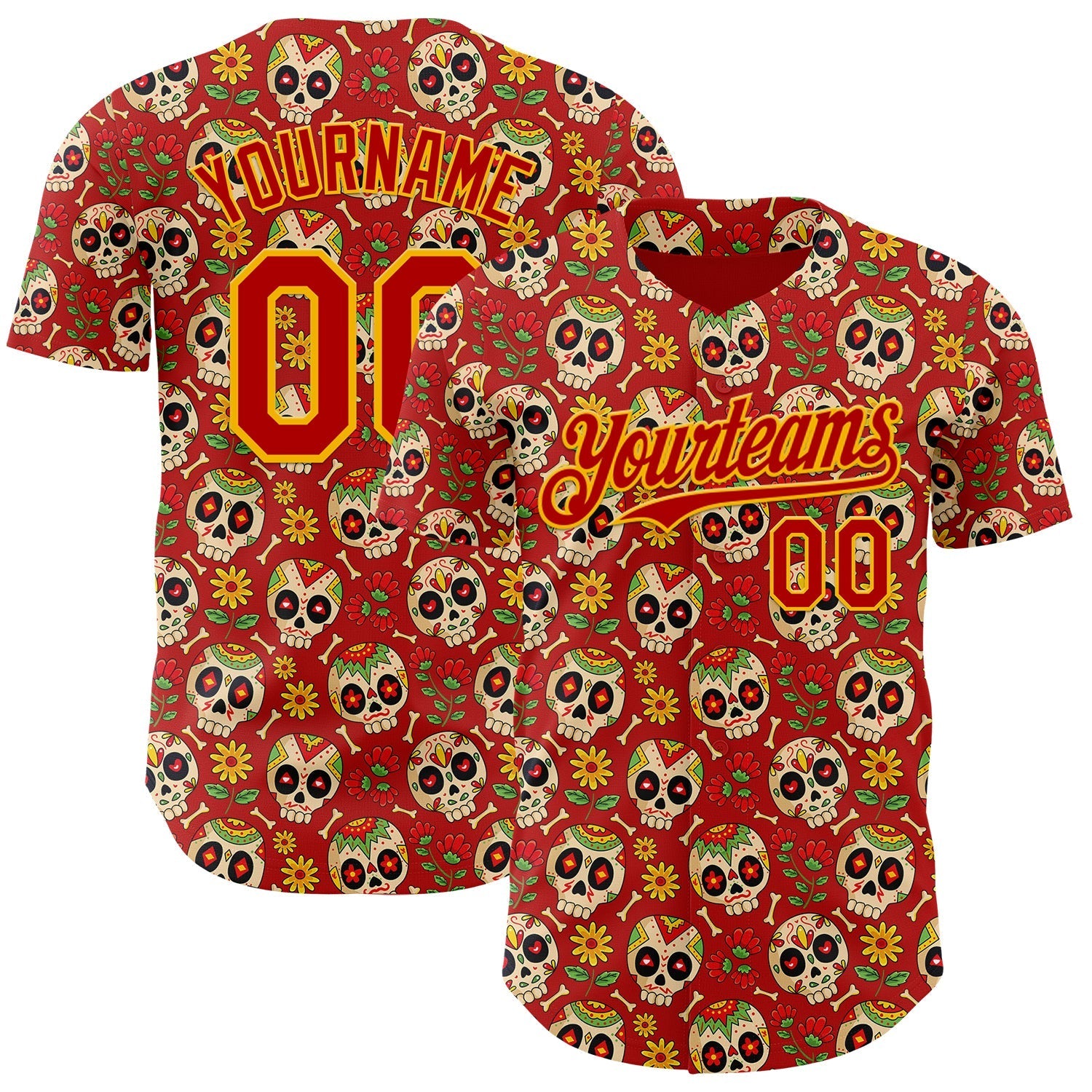 Custom Red Yellow Sugar Skull Day of the Dead Mexican Folk Art Authentic Baseball Jersey baseball jersey product view 1