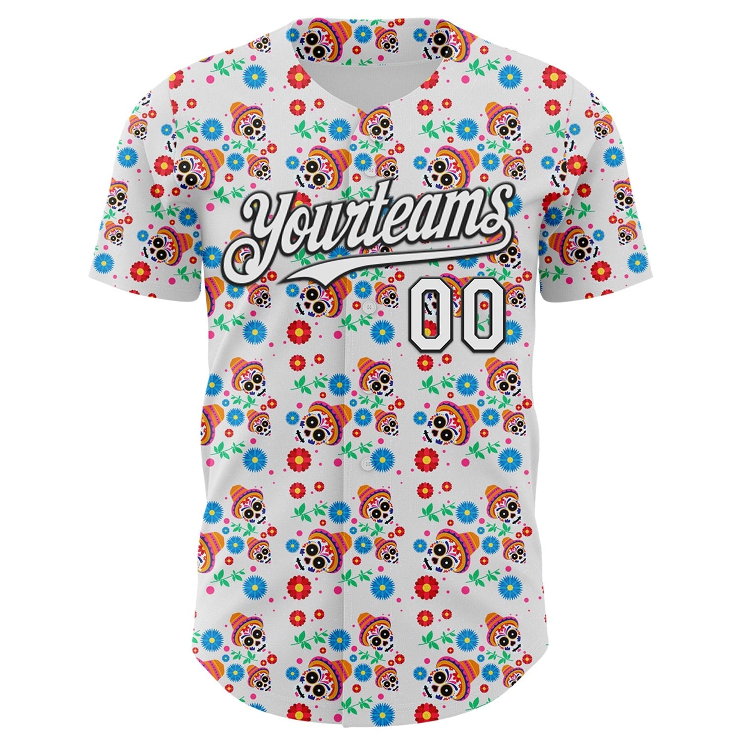 Custom White Black Sugar Skull Day of the Dead Mexican Folk Art Authentic Baseball Jersey baseball jersey product view 2