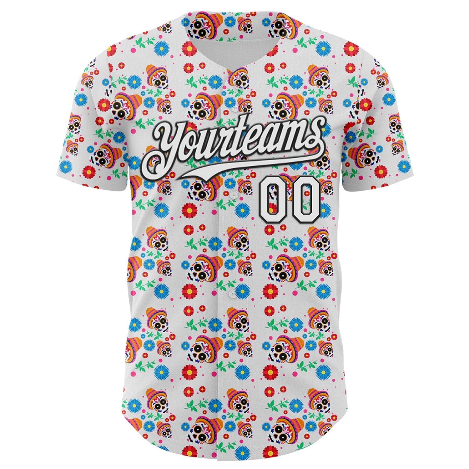 Custom White Black Sugar Skull Day of the Dead Mexican Folk Art Authentic Baseball Jersey baseball jersey product view 2