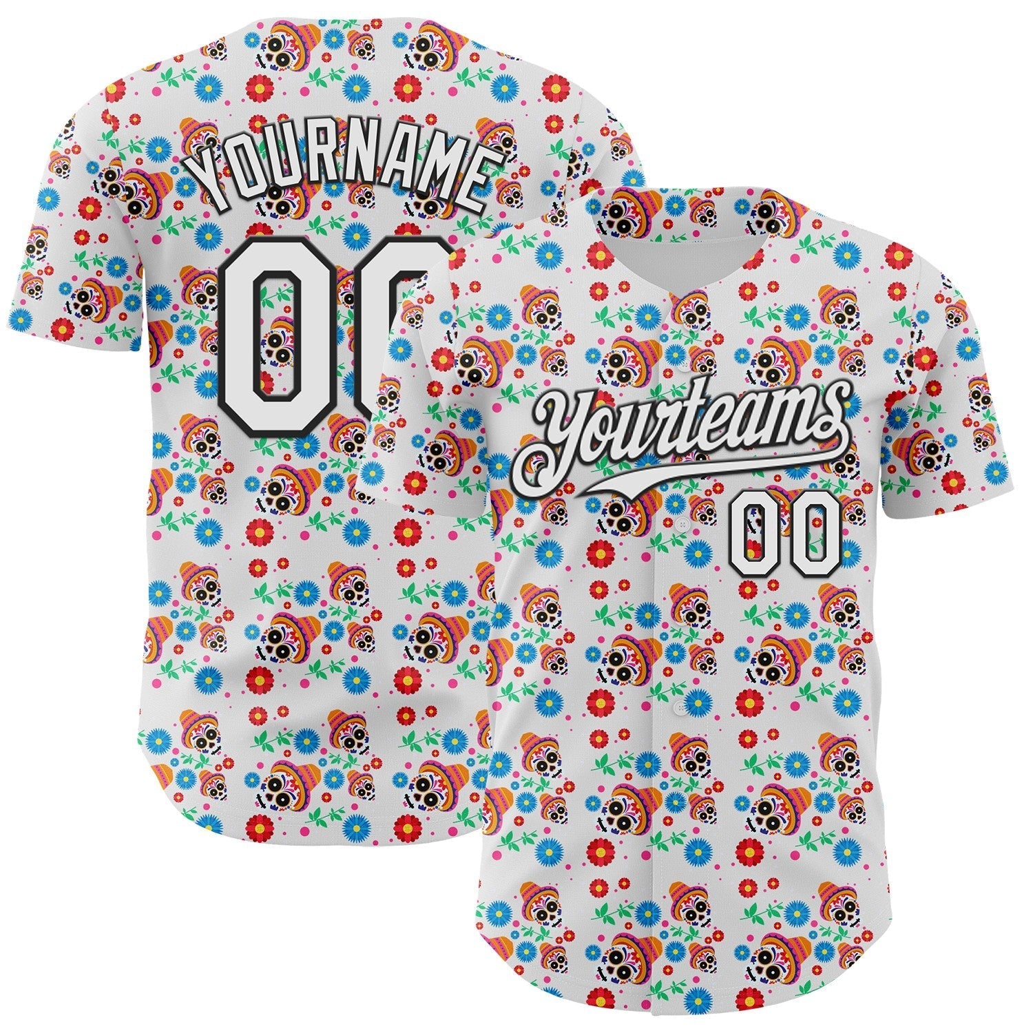 Custom White Black Sugar Skull Day of the Dead Mexican Folk Art Authentic Baseball Jersey baseball jersey product view 1