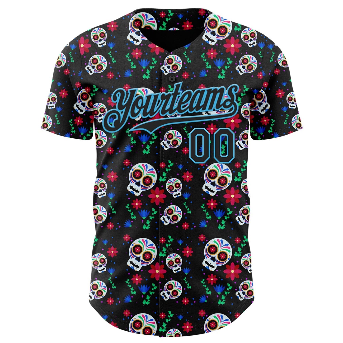 Custom Black Sky Blue Sugar Skull Day of the Dead Mexican Folk Art Authentic Baseball Jersey baseball jersey product view 2