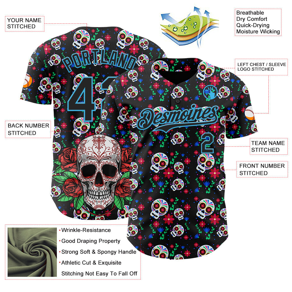Custom Black Sky Blue Sugar Skull Day of the Dead Mexican Folk Art Authentic Baseball Jersey baseball jersey product view 3