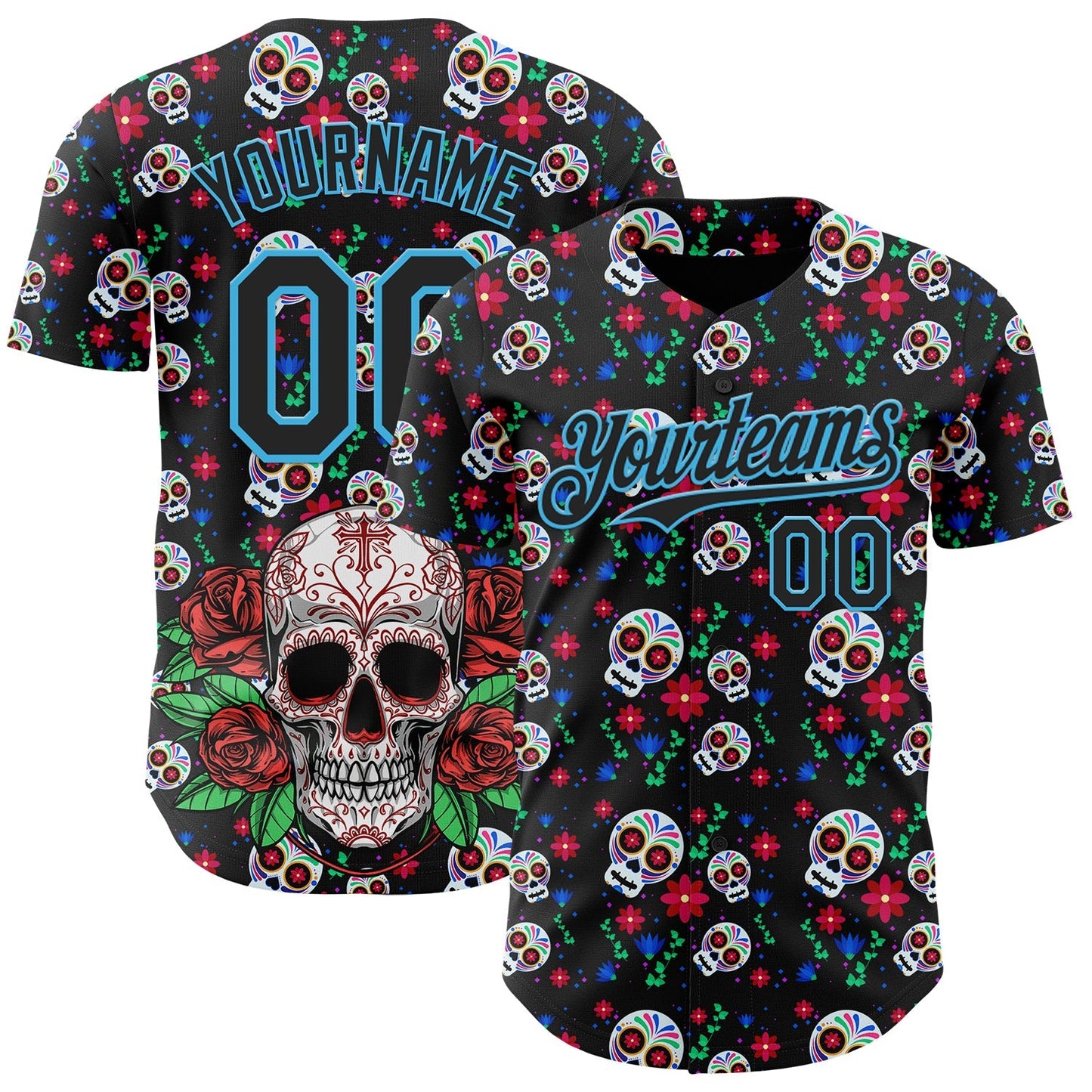 Custom Black Sky Blue Sugar Skull Day of the Dead Mexican Folk Art Authentic Baseball Jersey baseball jersey product view 1