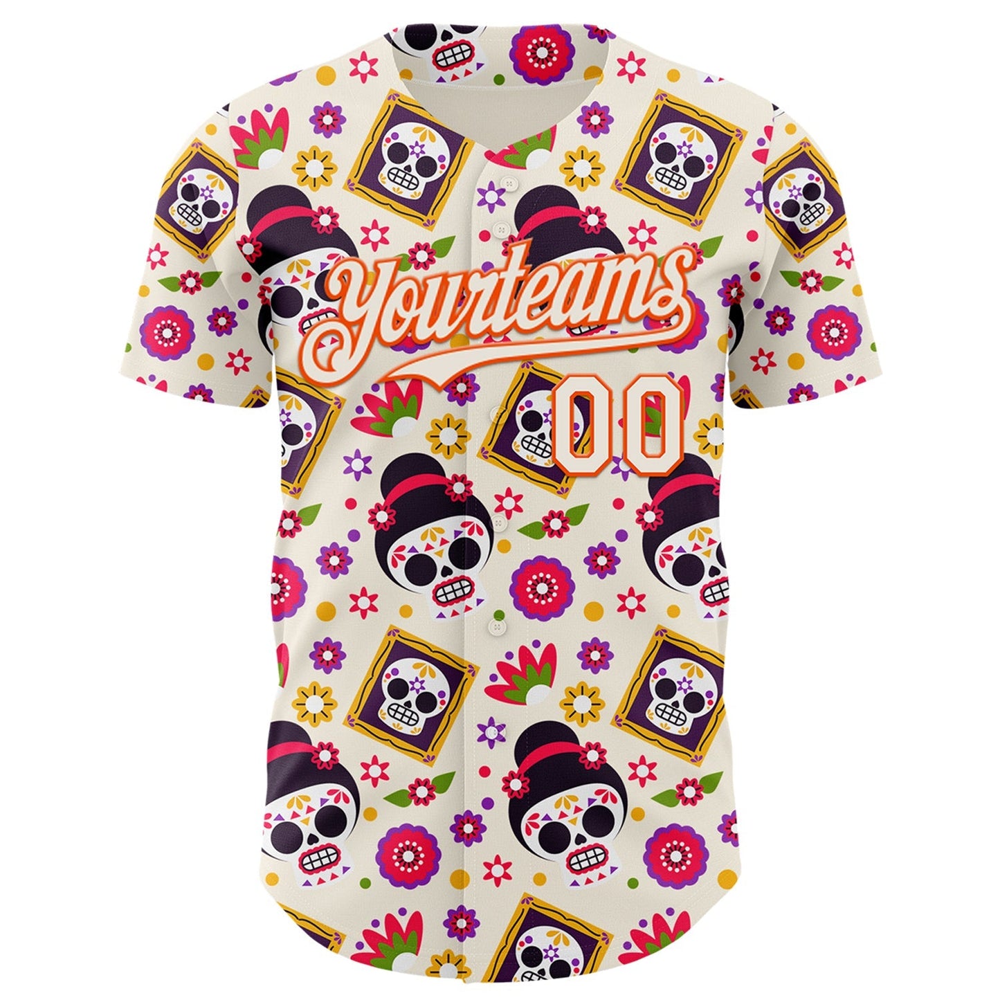 Custom Cream Orange Sugar Skull Day of the Dead Mexican Folk Art Authentic Baseball Jersey baseball jersey product view 2