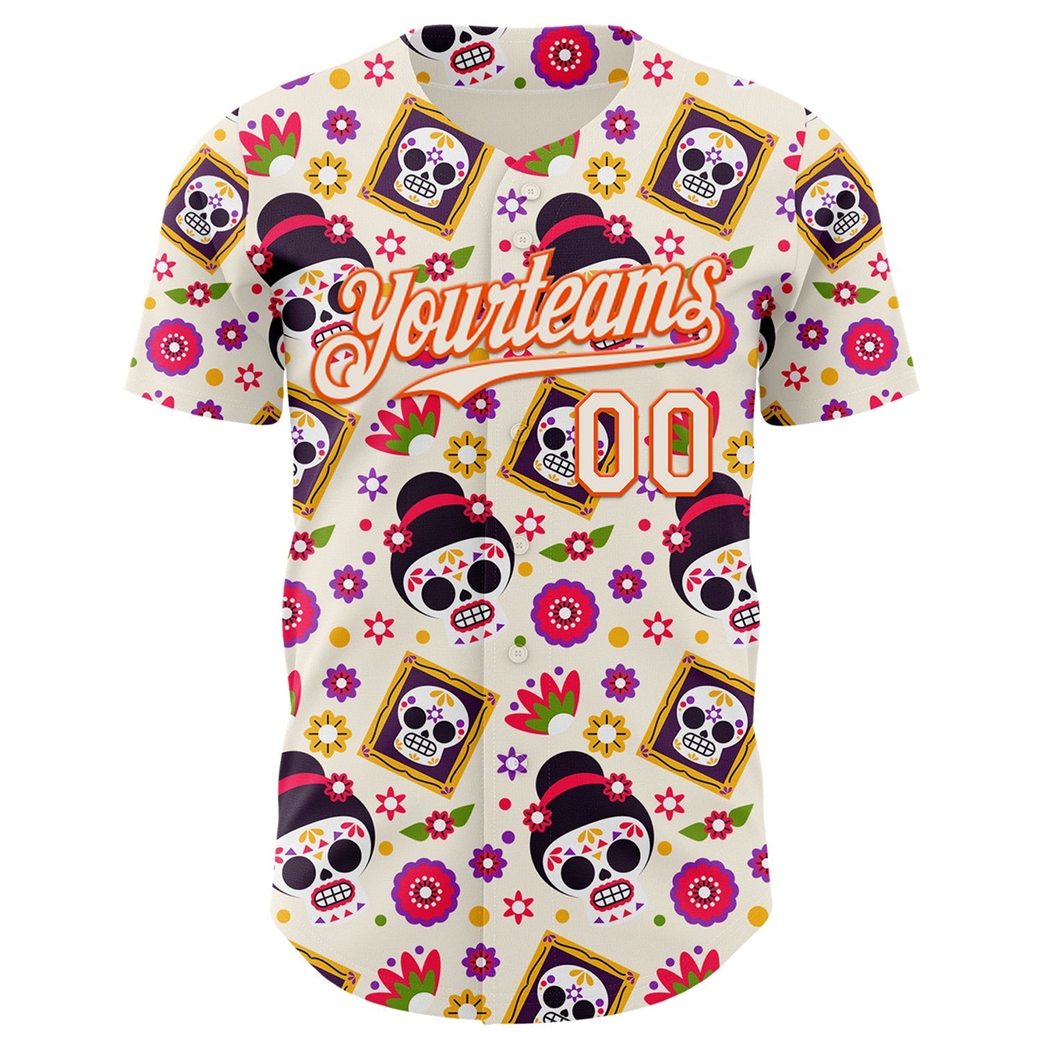 Custom Cream Orange Sugar Skull Day of the Dead Mexican Folk Art Authentic Baseball Jersey baseball jersey product view 2