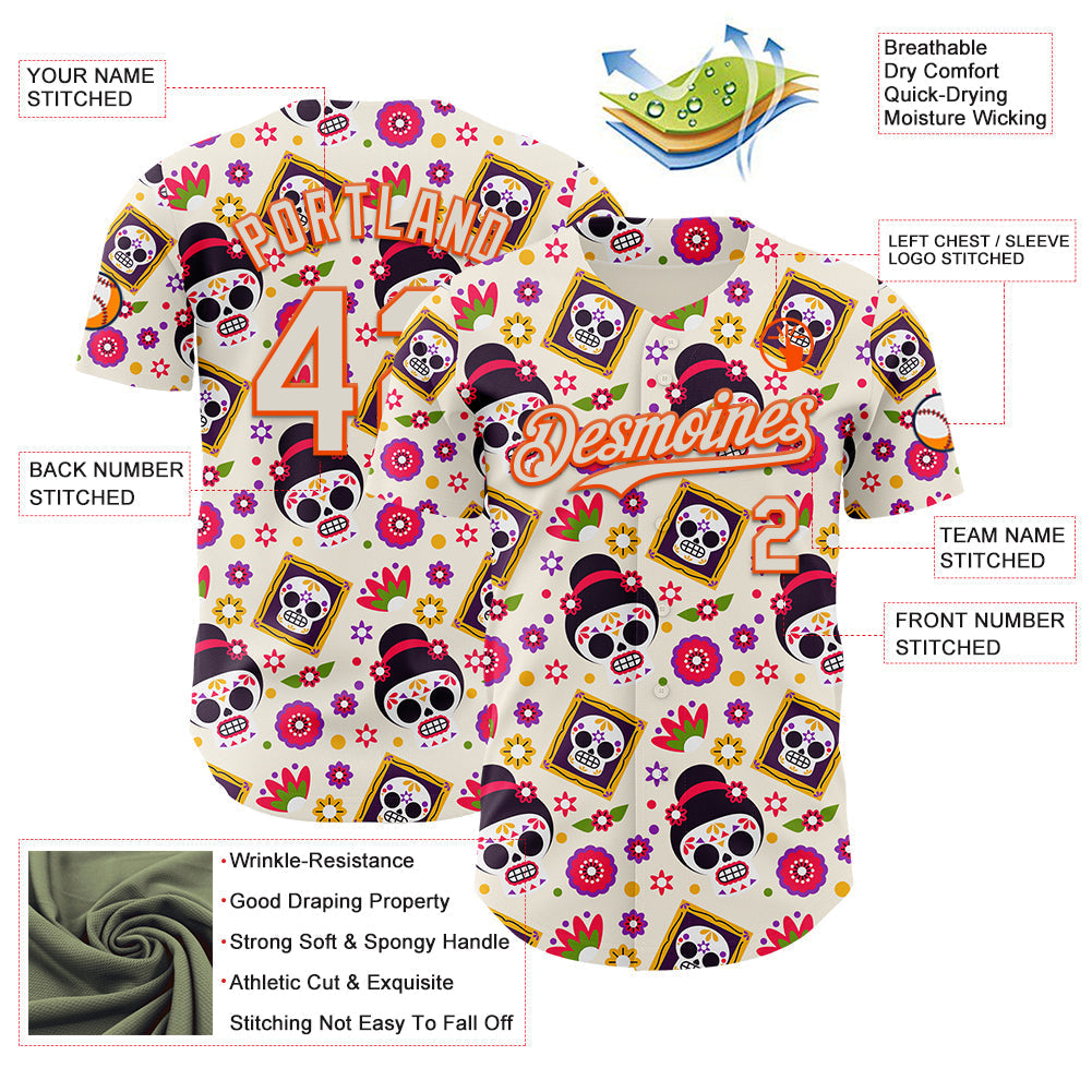 Custom Cream Orange Sugar Skull Day of the Dead Mexican Folk Art Authentic Baseball Jersey baseball jersey product view 3