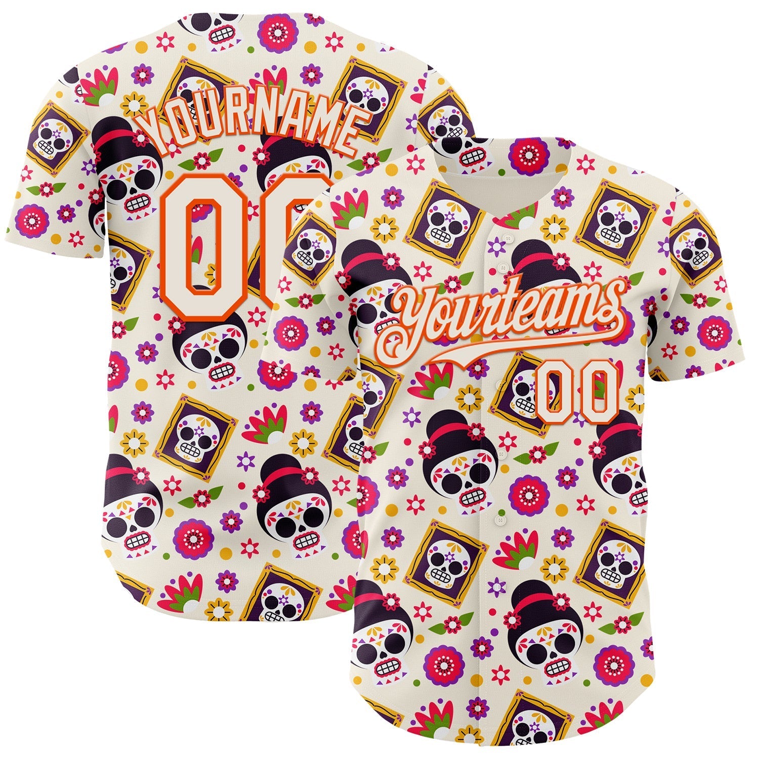 Custom Cream Orange Sugar Skull Day of the Dead Mexican Folk Art Authentic Baseball Jersey baseball jersey product view 1