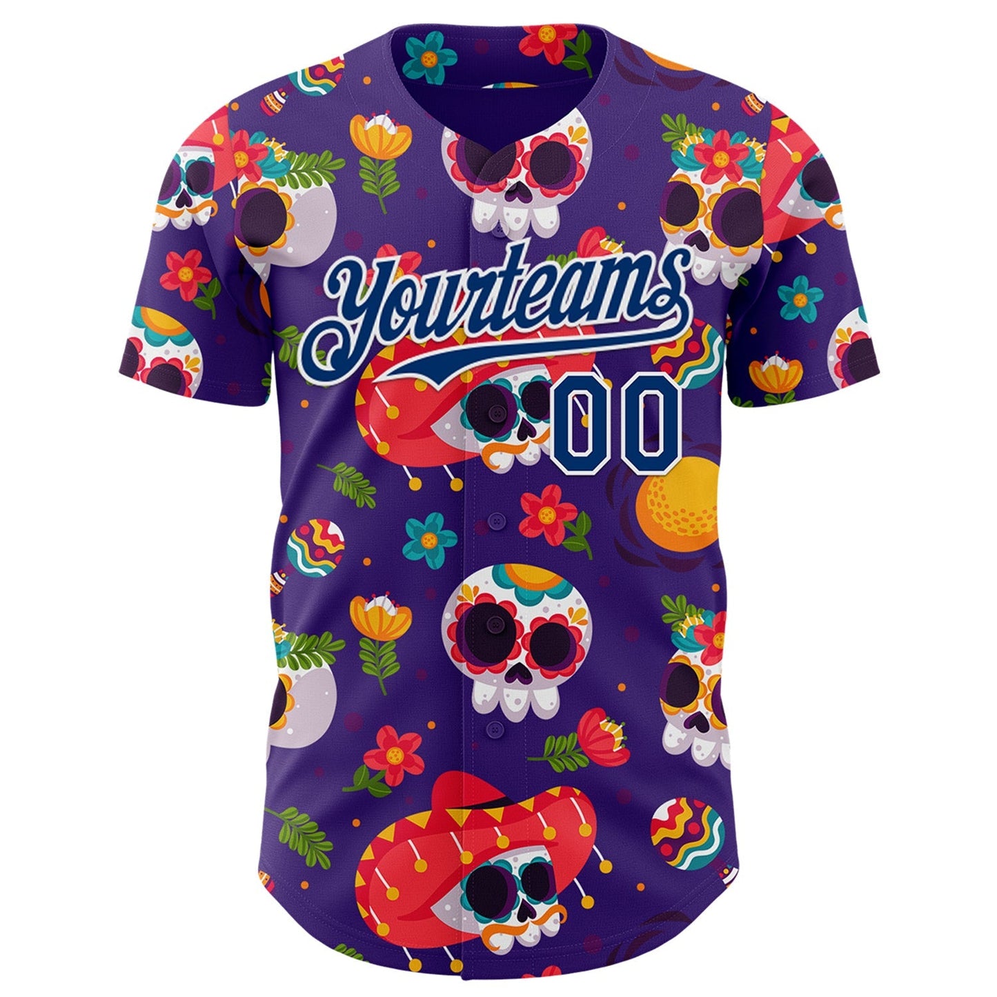 Custom Purple US Navy Blue-White Sugar Skull Day of the Dead Mexican Folk Art Authentic Baseball Jersey baseball jersey product view 2