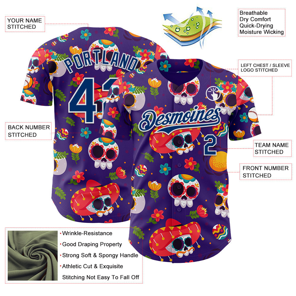 Custom Purple US Navy Blue-White Sugar Skull Day of the Dead Mexican Folk Art Authentic Baseball Jersey baseball jersey product view 3