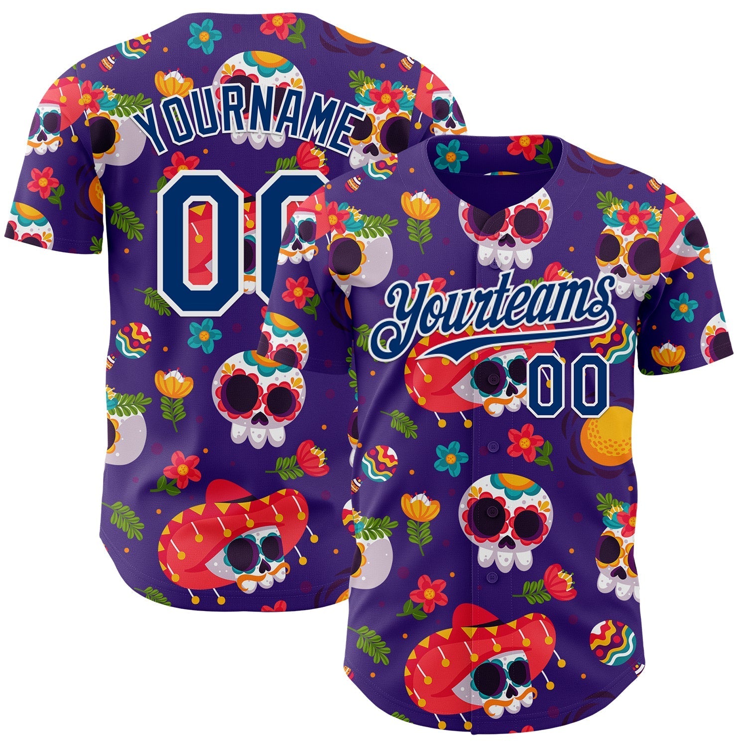Custom Purple US Navy Blue-White Sugar Skull Day of the Dead Mexican Folk Art Authentic Baseball Jersey baseball jersey product view 1