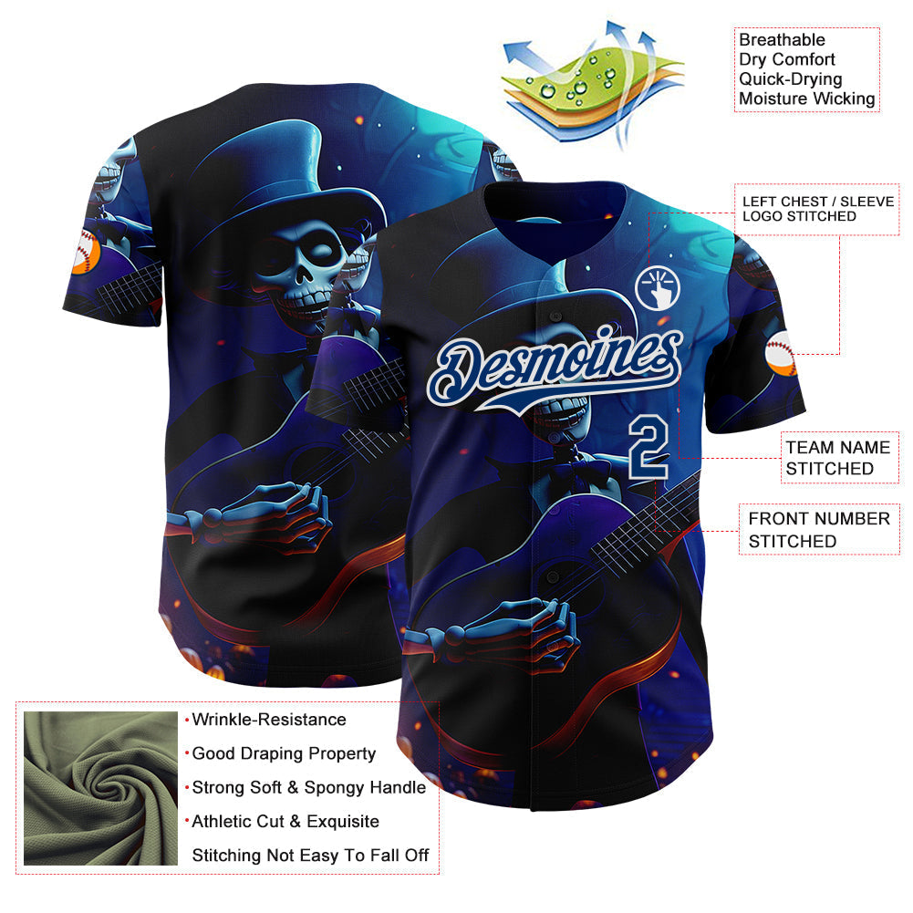 Custom Black US Navy Blue-White Sugar Skull Day of the Dead Mexican Folk Art Authentic Baseball Jersey baseball jersey product view 3