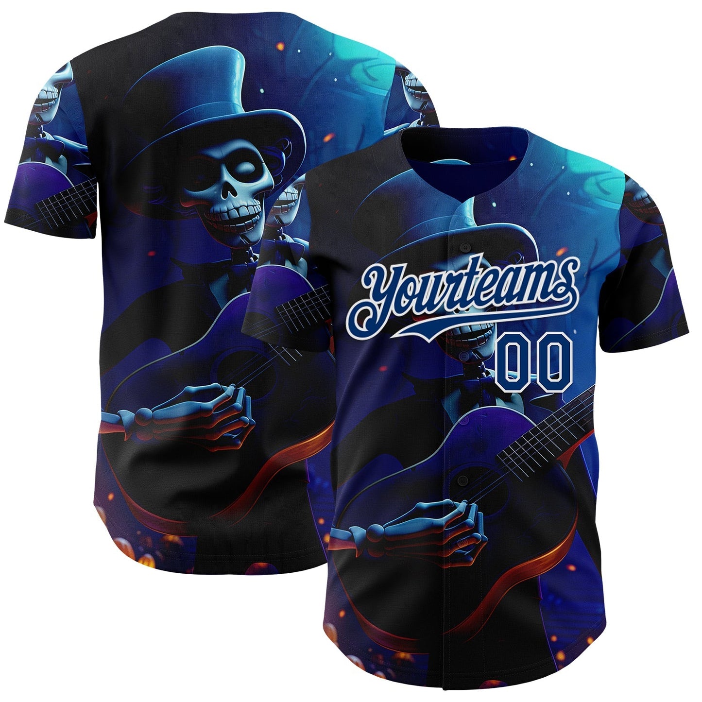 Custom Black US Navy Blue-White Sugar Skull Day of the Dead Mexican Folk Art Authentic Baseball Jersey baseball jersey product view 1